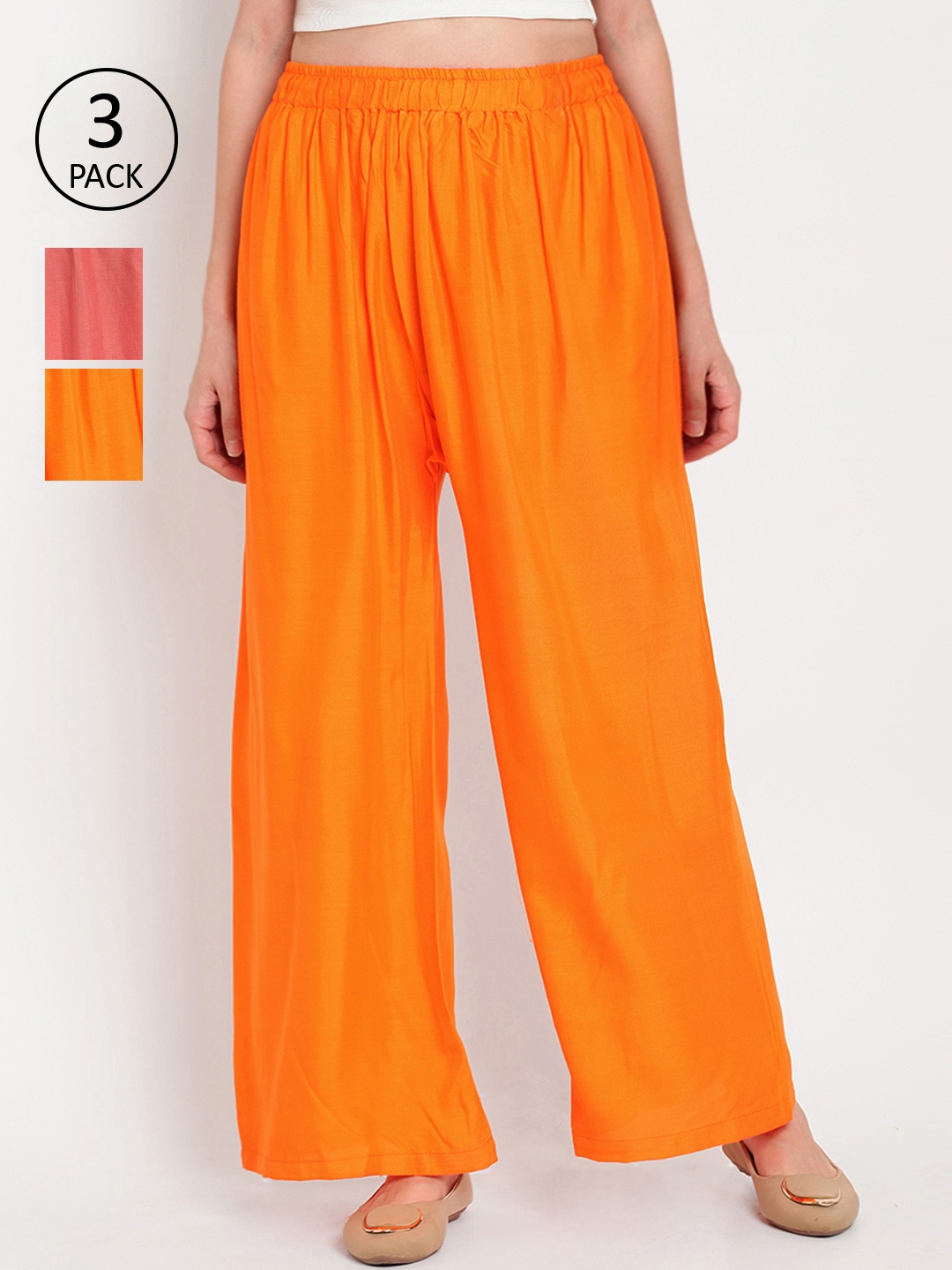 

TAG 7 Women Pack of 3 Solid Flared Palazzos, Orange