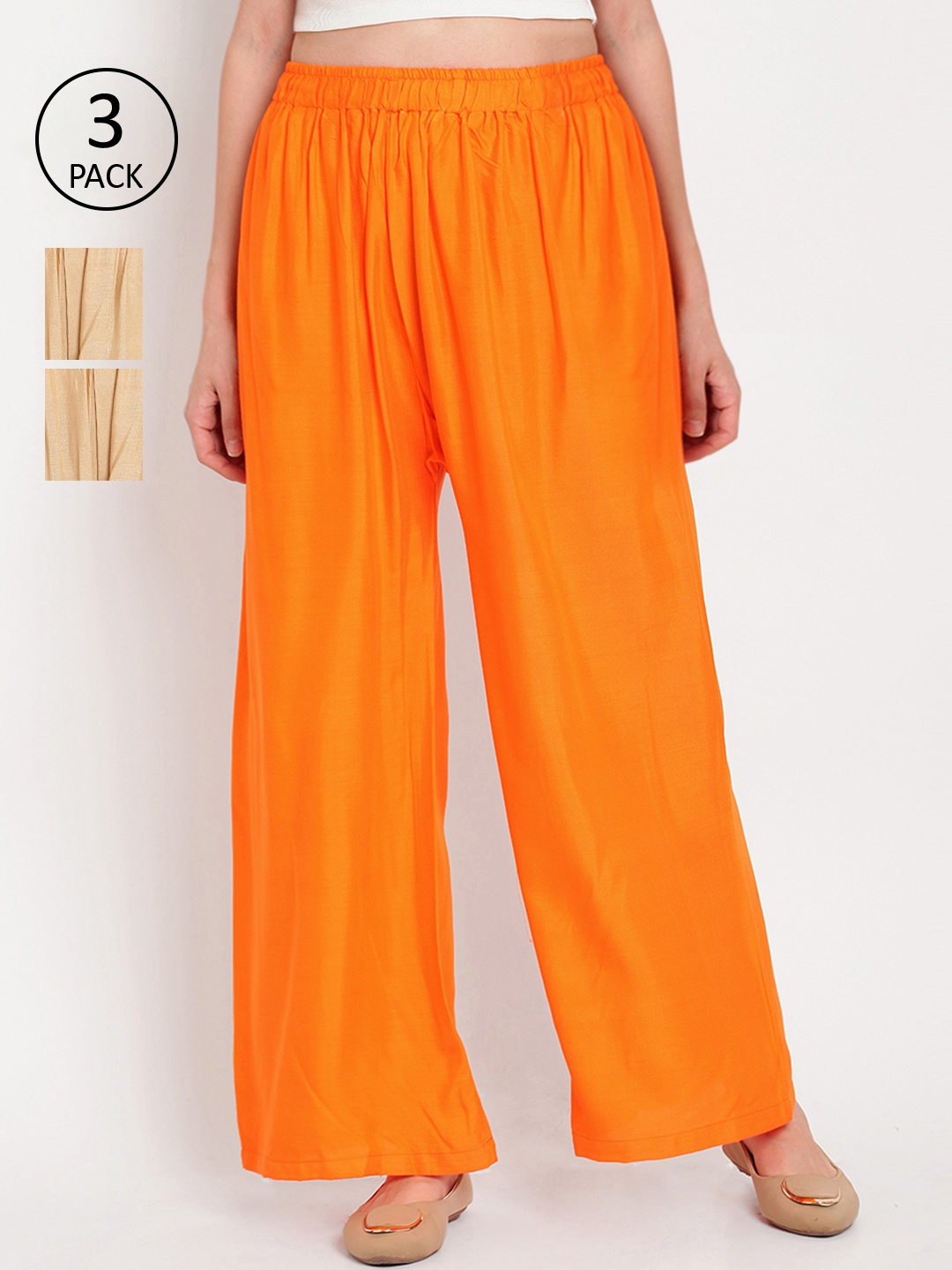

TAG 7 Women Pack of 3 Solid Flared Palazzos, Orange