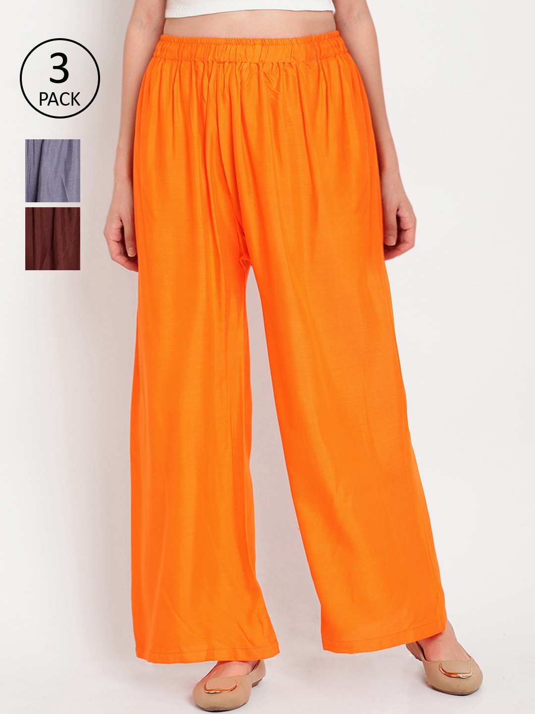 

TAG 7 Women Pack of 3 Multicoloured Solid Wide Leg Palazzos, Orange
