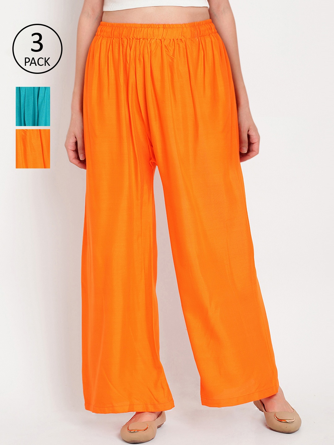 

TAG 7 Women Pack of 3 Solid Flared Palazzos, Orange