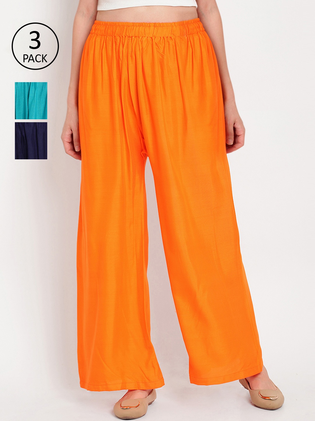 

TAG 7 Women Pack of 3 Solid Wide Leg Palazzos, Orange