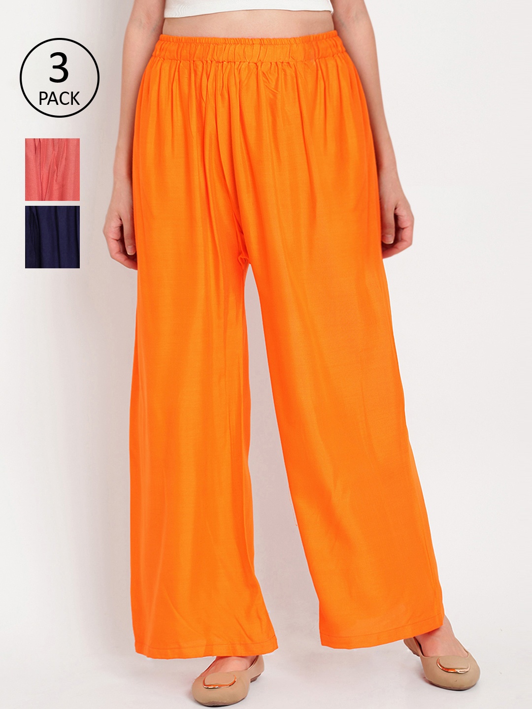 

TAG 7 Women Pack of 3 Multicoloured Solid Wide Leg Palazzos, Orange
