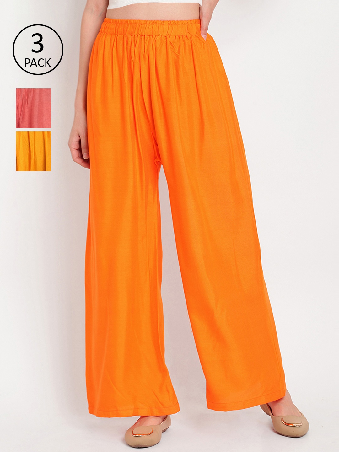 

TAG 7 Women Pack of 3 Solid Wide Leg Palazzos, Orange