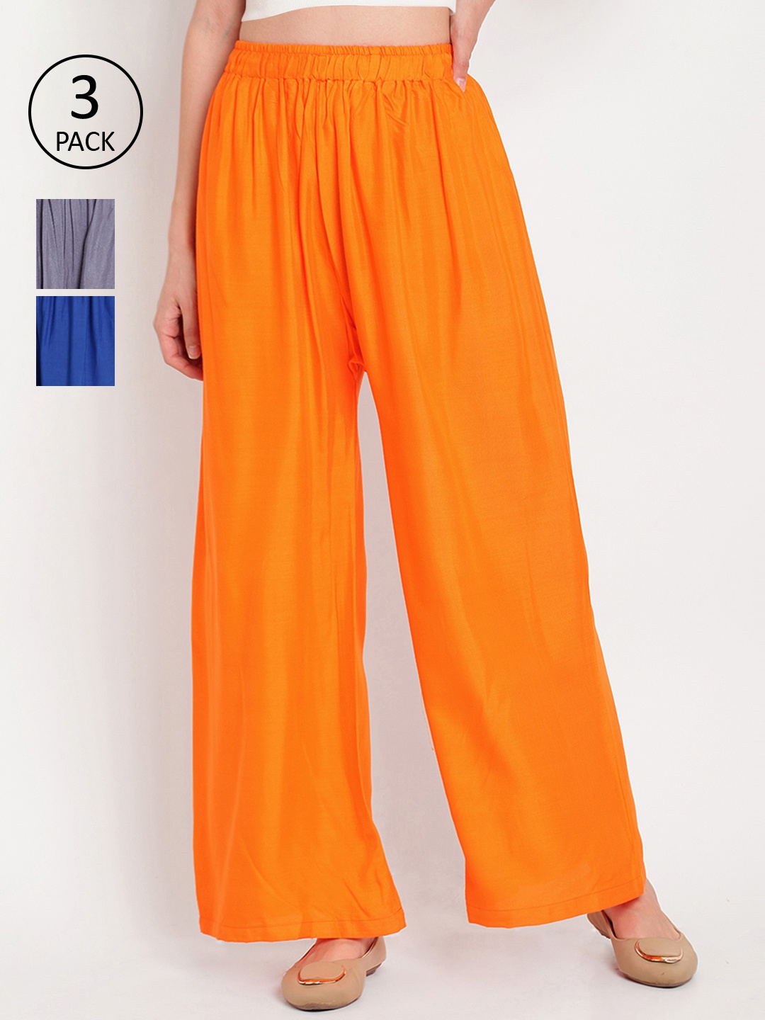 

TAG 7 Women Pack of 3 Solid Wide Leg Palazzos, Orange