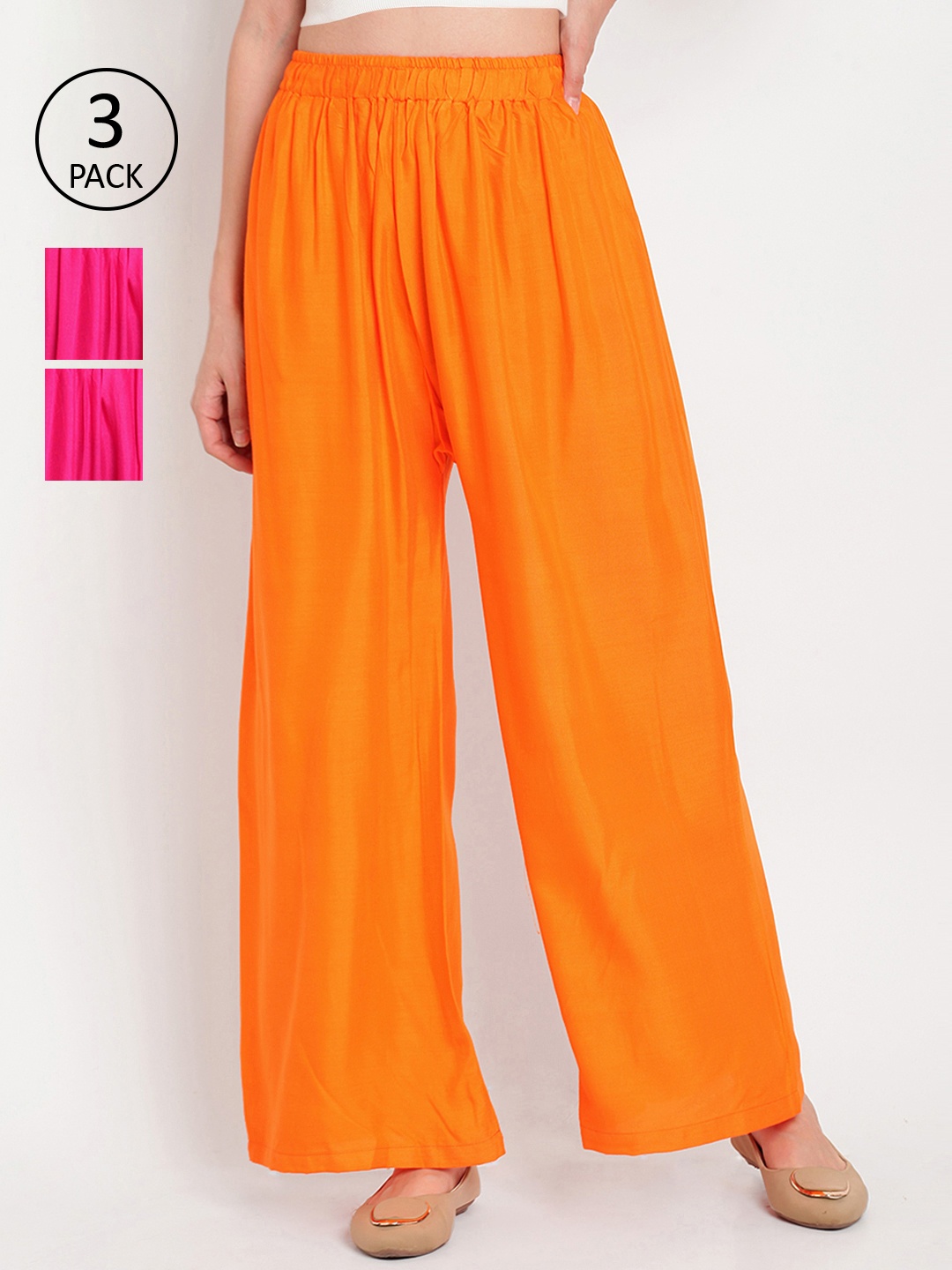 

TAG 7 Women Pack Of 3 Solid Straight Palazzos, Orange