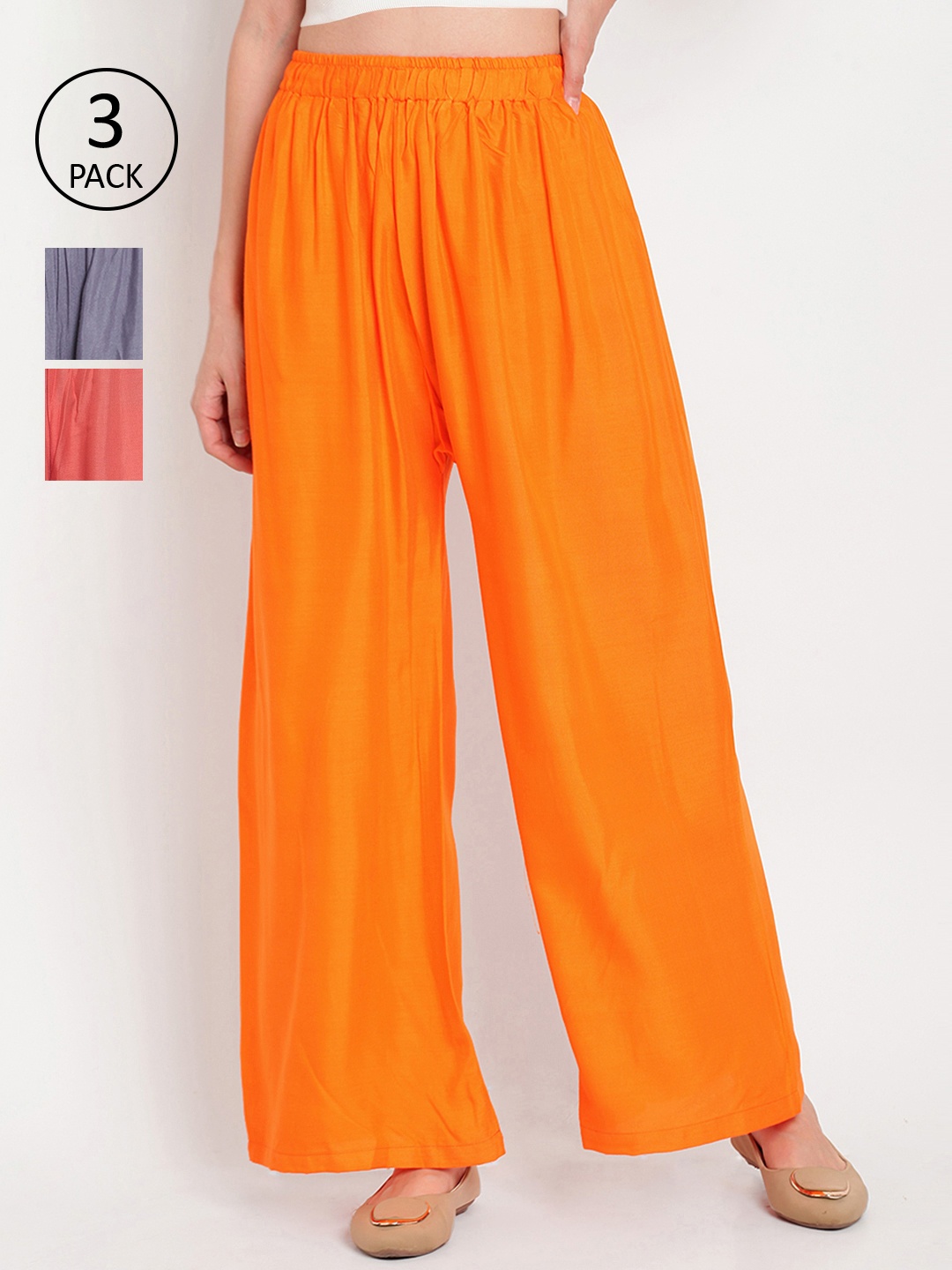 

TAG 7 Women Pack of 3 Multicoloured Solid Wide Leg Palazzos, Orange