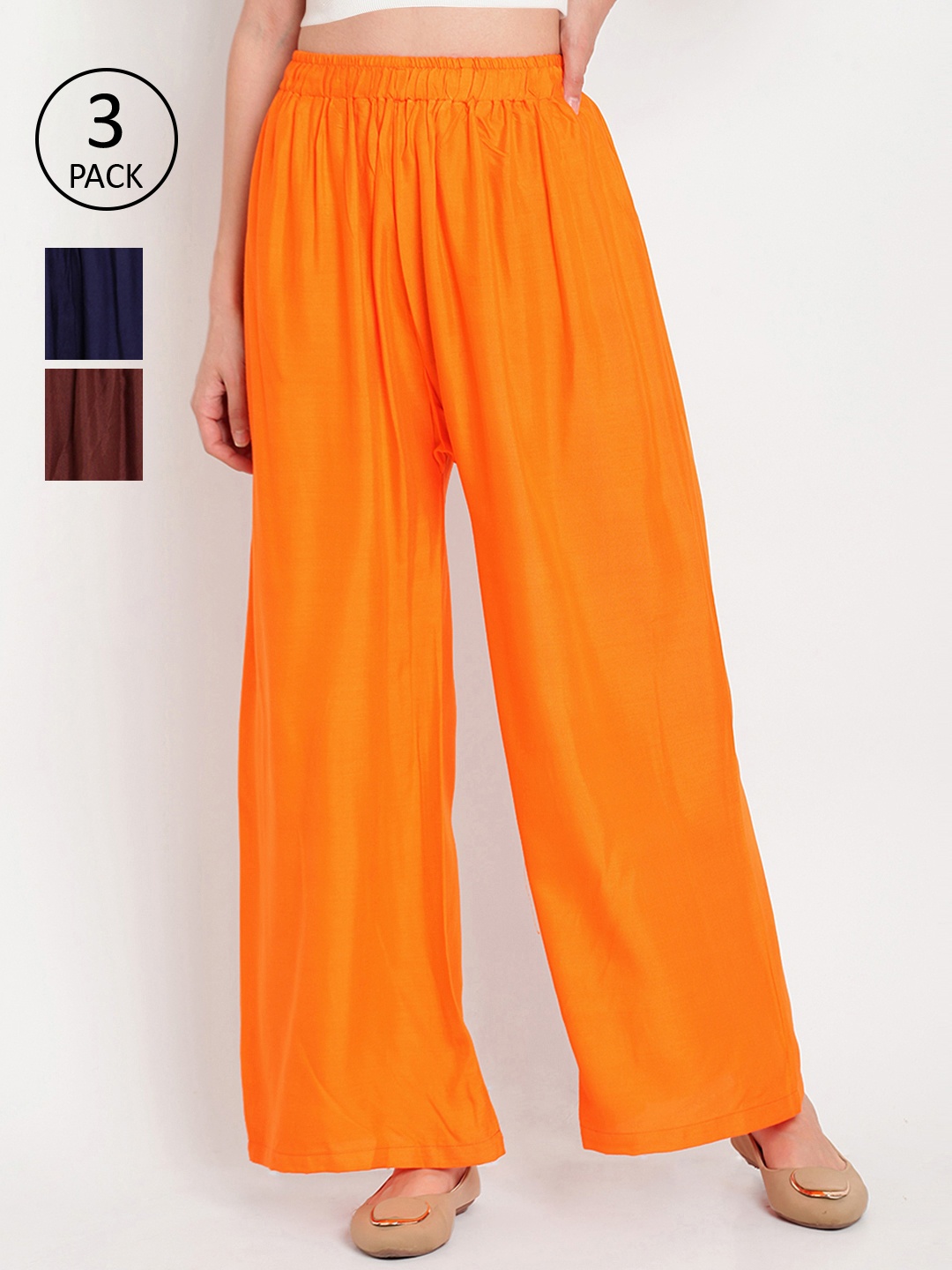 

TAG 7 Women Pack of 3 Solid Flared Palazzos, Orange