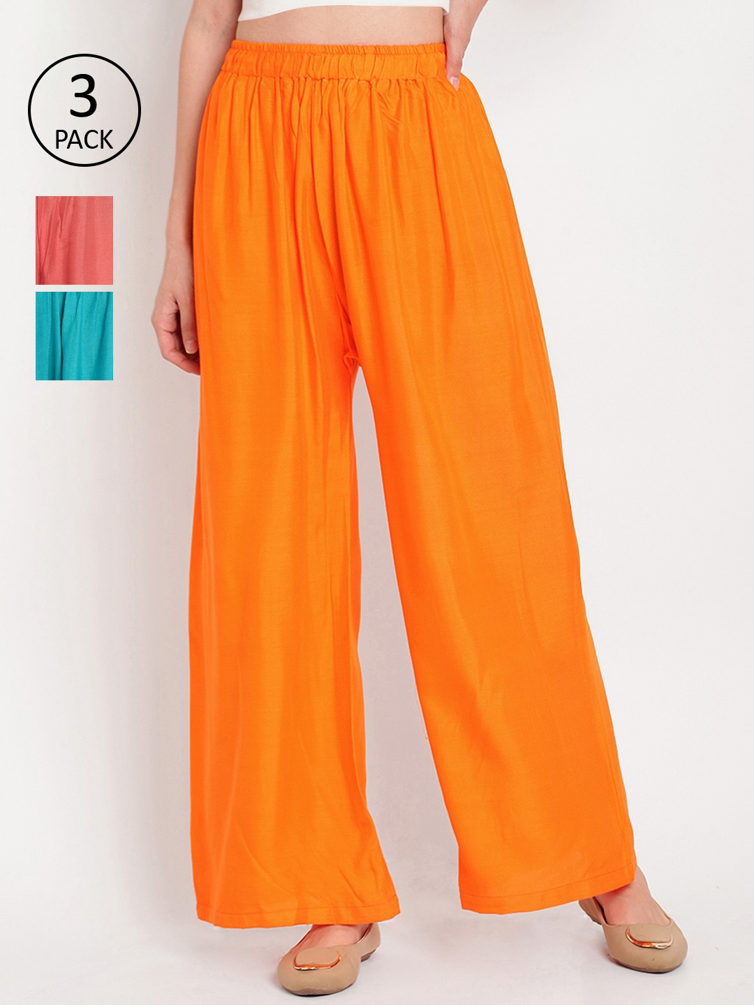 

TAG 7 Women Pack of 3 Solid Flared Palazzos, Orange