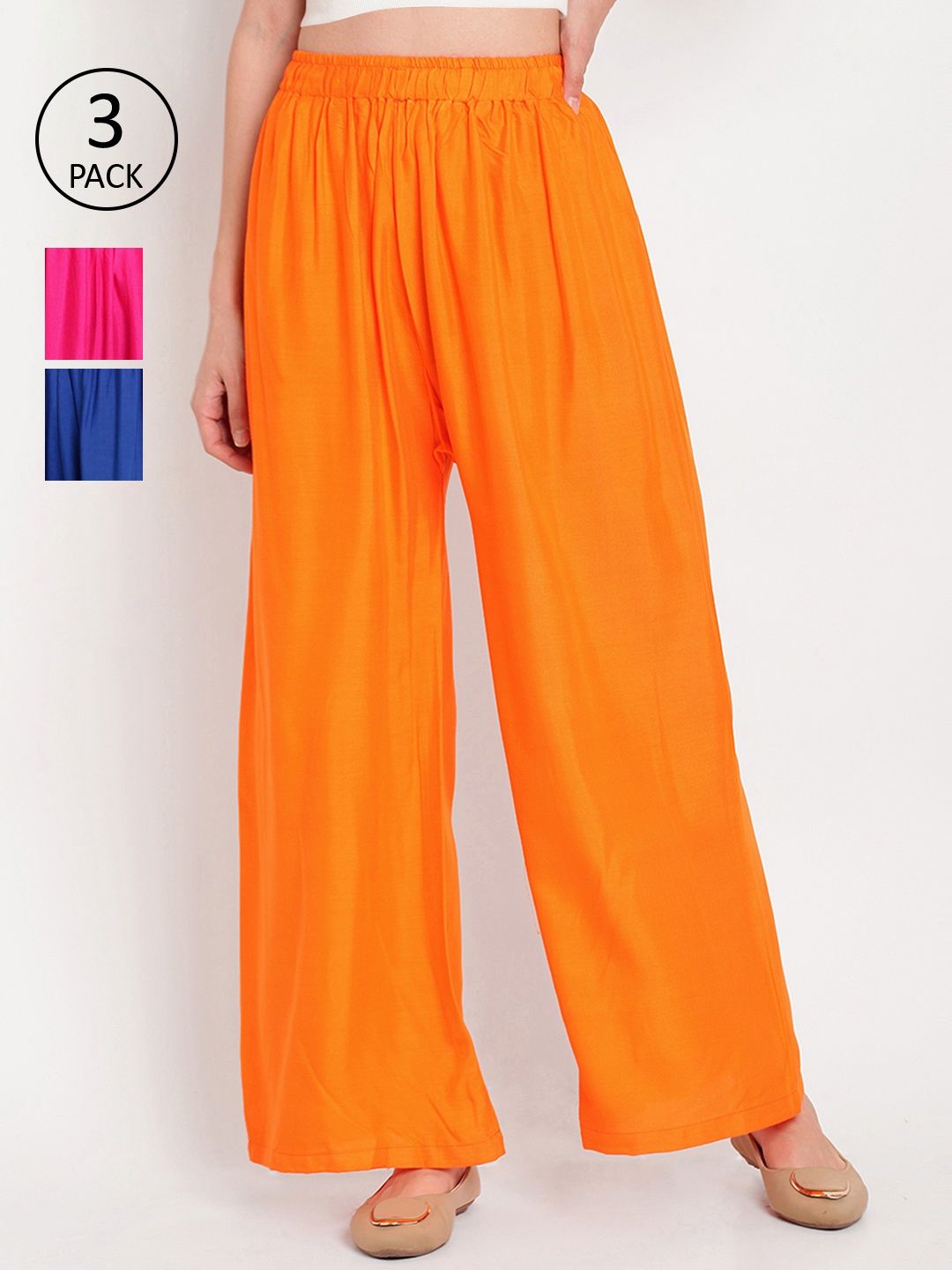 

TAG 7 Women Pack of 3 Solid Flared Palazzos, Orange