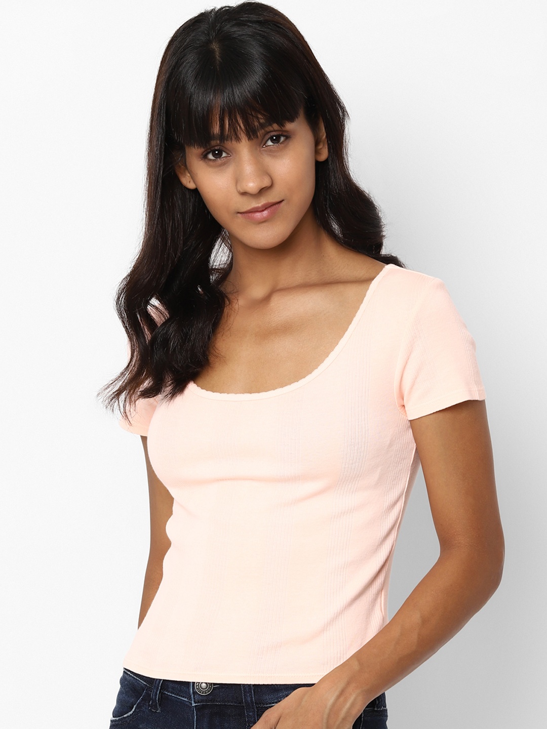 

AMERICAN EAGLE OUTFITTERS Women Peach-Coloured Solid Scoop Neck Pure Cotton T-shirt