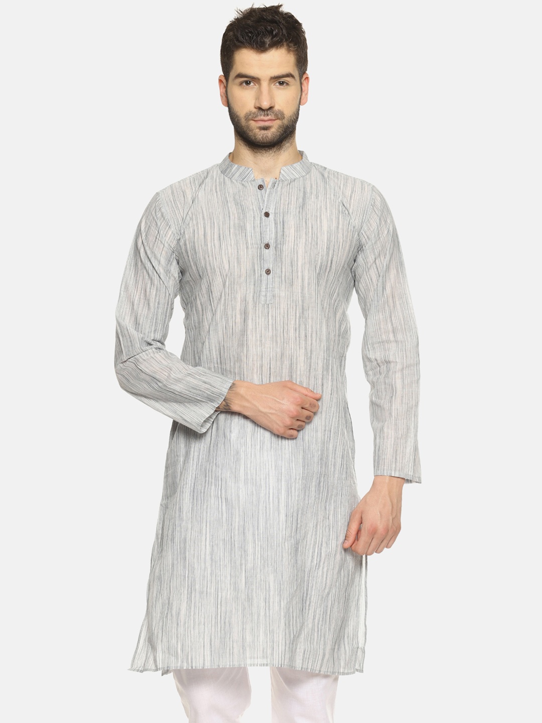 

PAROKSH Men Grey & Cream-Coloured Striped Straight Kurta