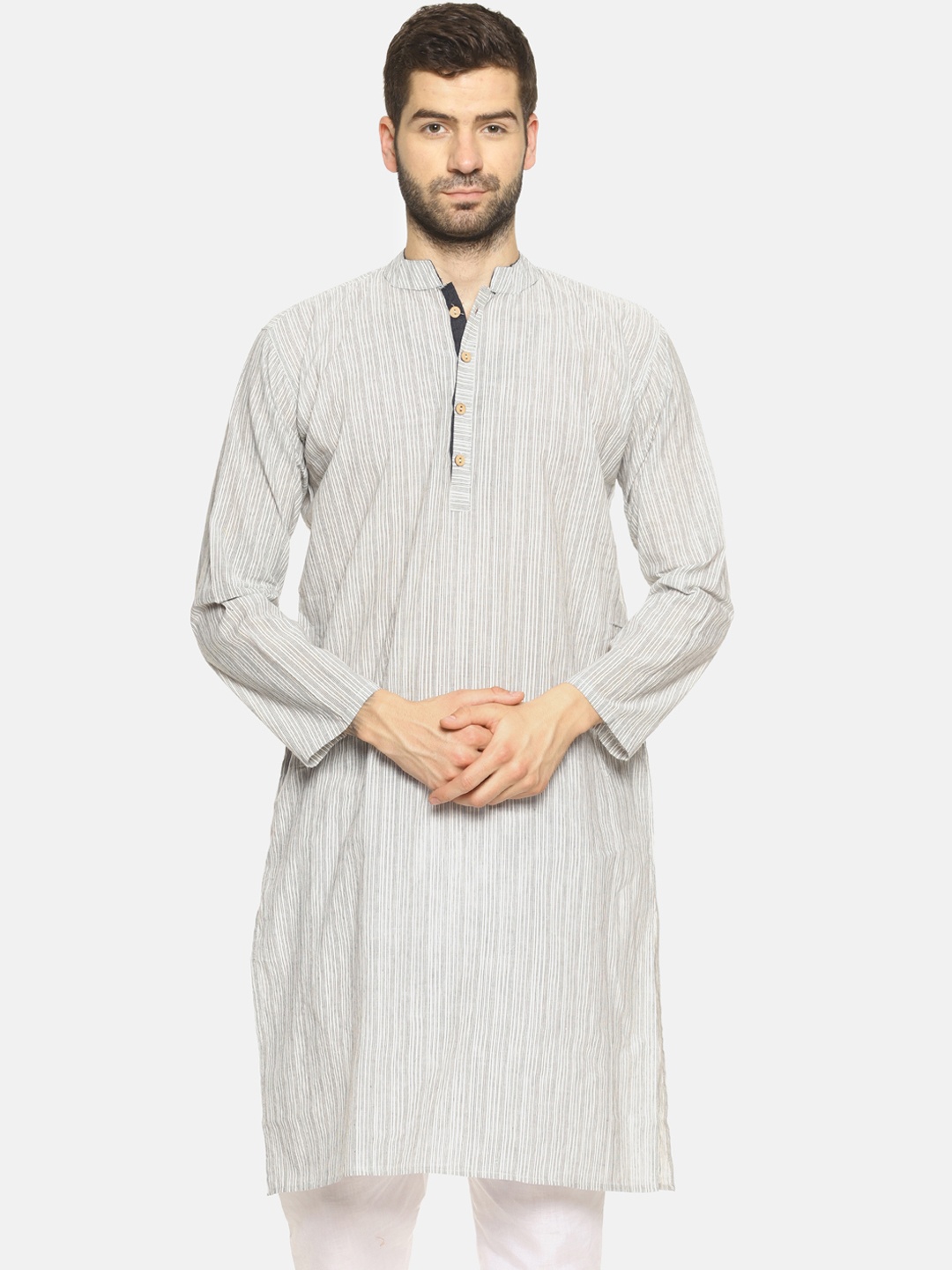 

PAROKSH Men Grey & Off-White Striped Straight Kurta