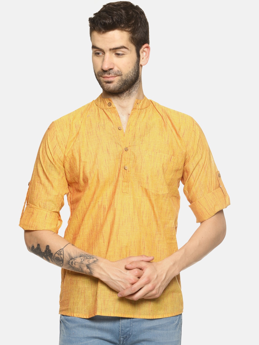 

PAROKSH Men Mustard Woven Design Straight Kurta