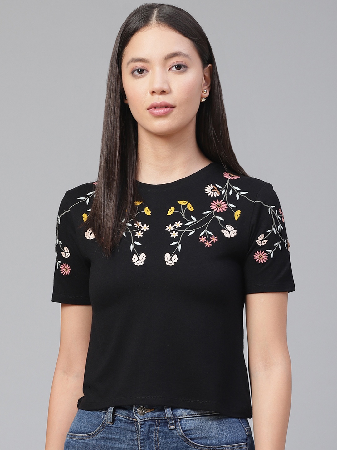 

VividArtsy Women Black Floral Embroidered Round Neck T-shirt