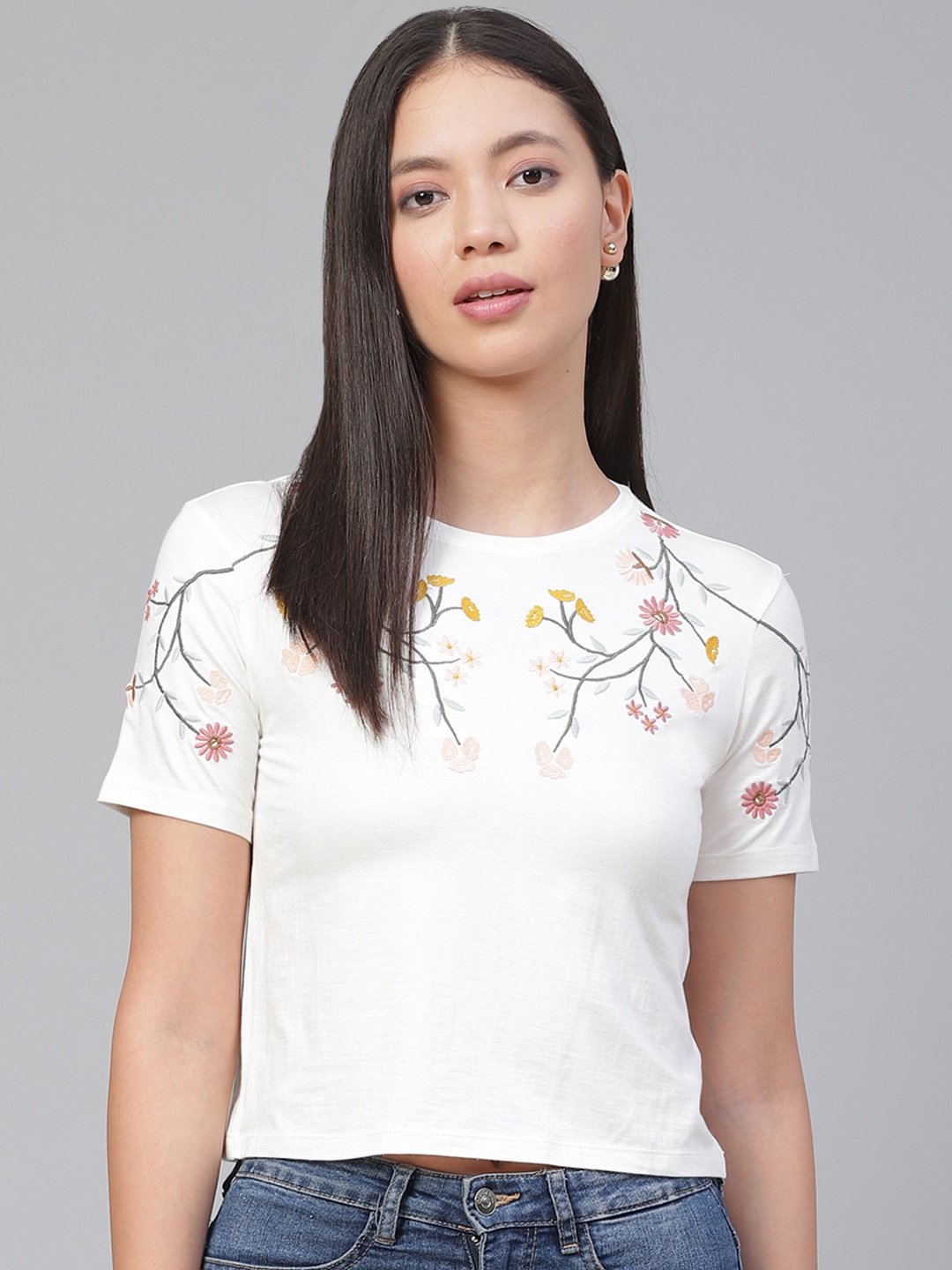 

VividArtsy Women White Pink Floral Embroidered Round Neck Crop Pure Cotton T-shirt