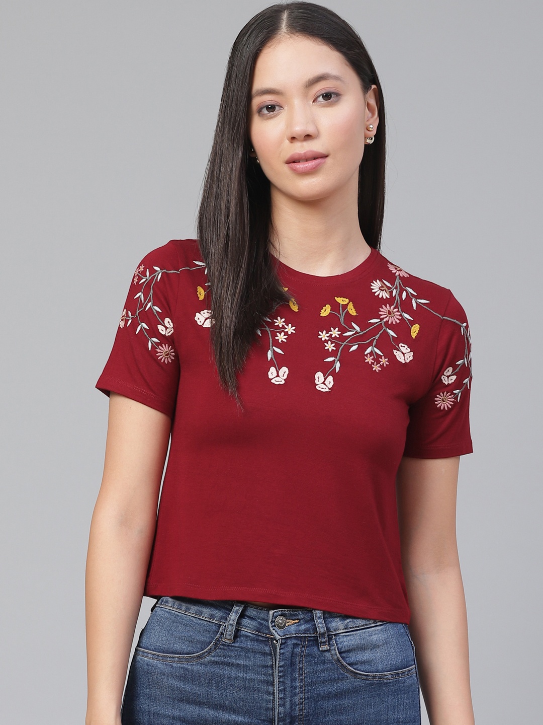 

VividArtsy Women Maroon & Off-White Floral Embroidered Round Neck Crop T-shirt