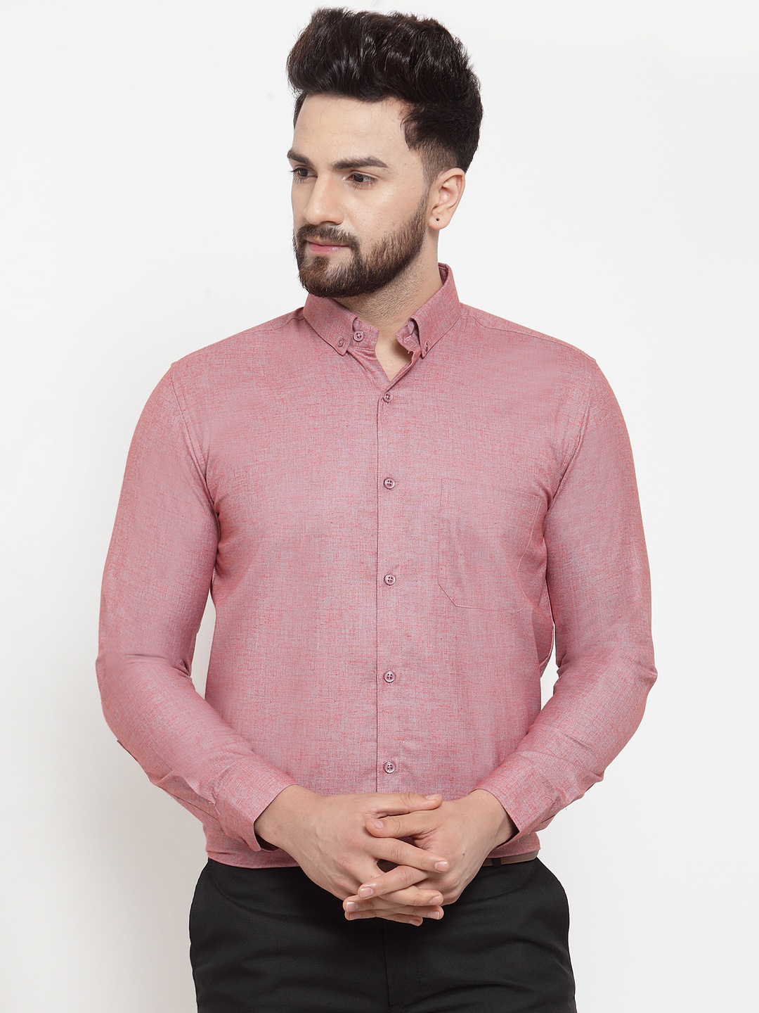 

JAINISH Men Coral Pink Slim Fit Self Design Formal Shirt