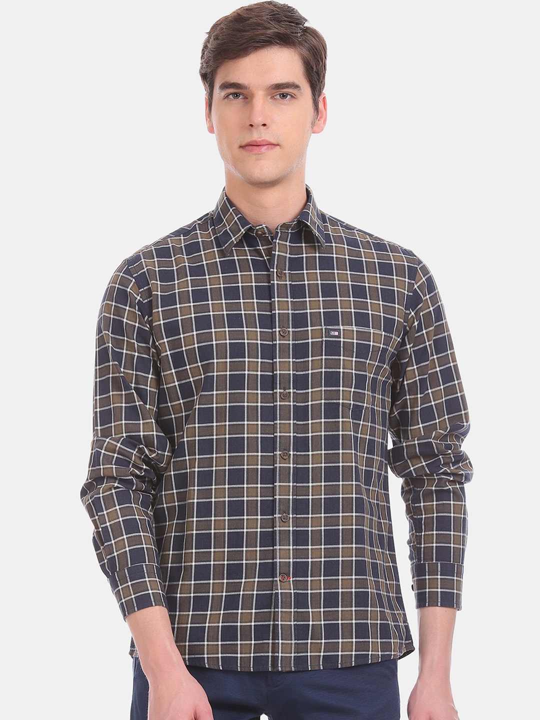 

Arrow Sport Men Olive Brown & Navy Blue Regular Fit Checked Casual Shirt