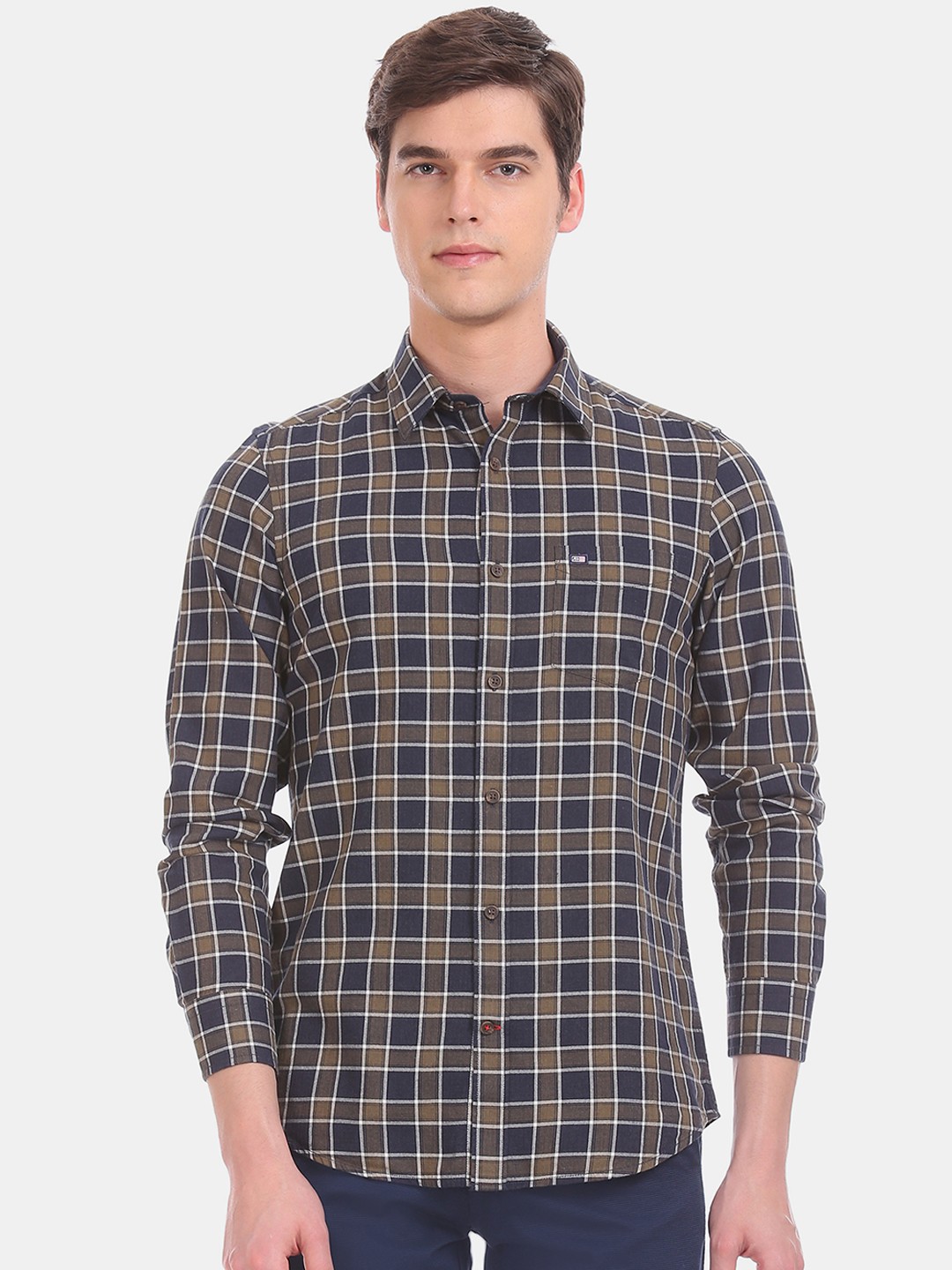 

Arrow Sport Men Navy Blue & Olive Green Slim Fit Checked Casual Shirt