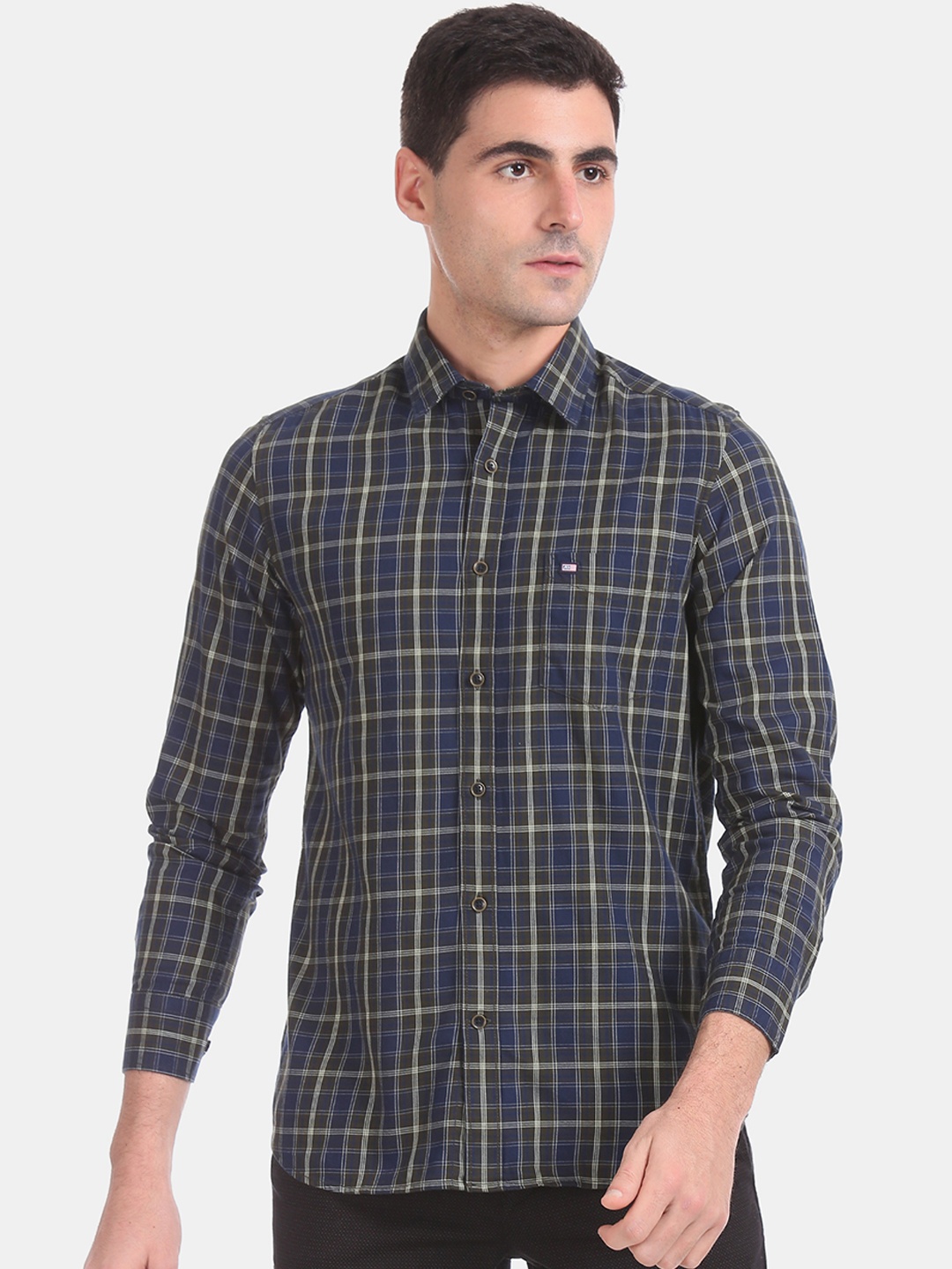 

Arrow Sport Men Navy Blue & Olive Green Slim Fit Checked Casual Shirt