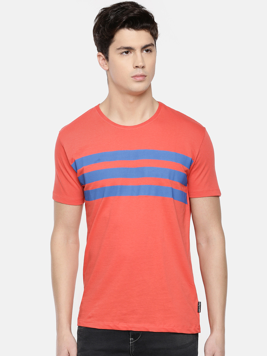 

Braveo Men Coral Red Blue Striped Round Neck Pure Cotton T-shirt