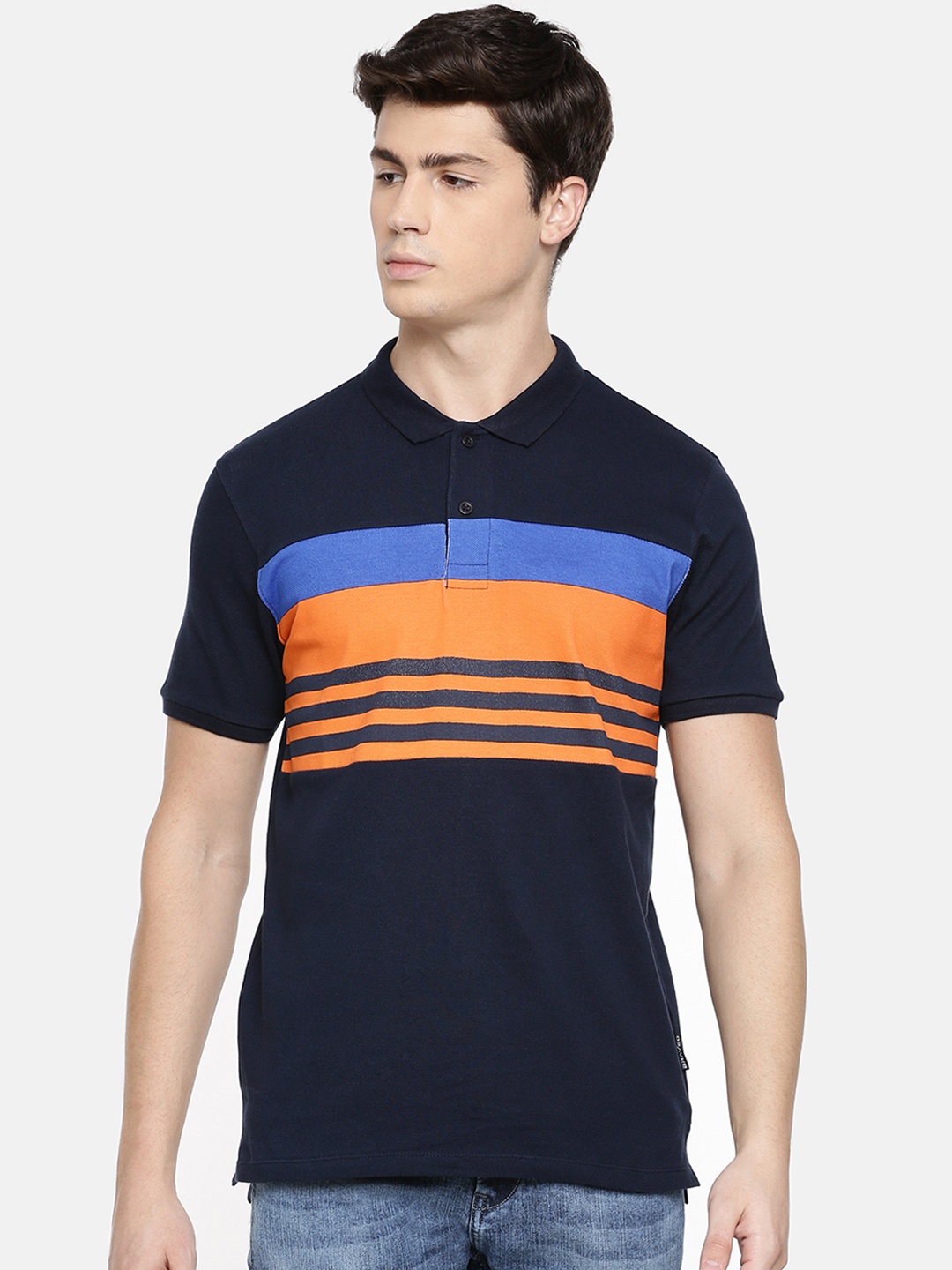 

Braveo Men Navy Blue Orange Striped Polo Collar Pure Cotton T-shirt