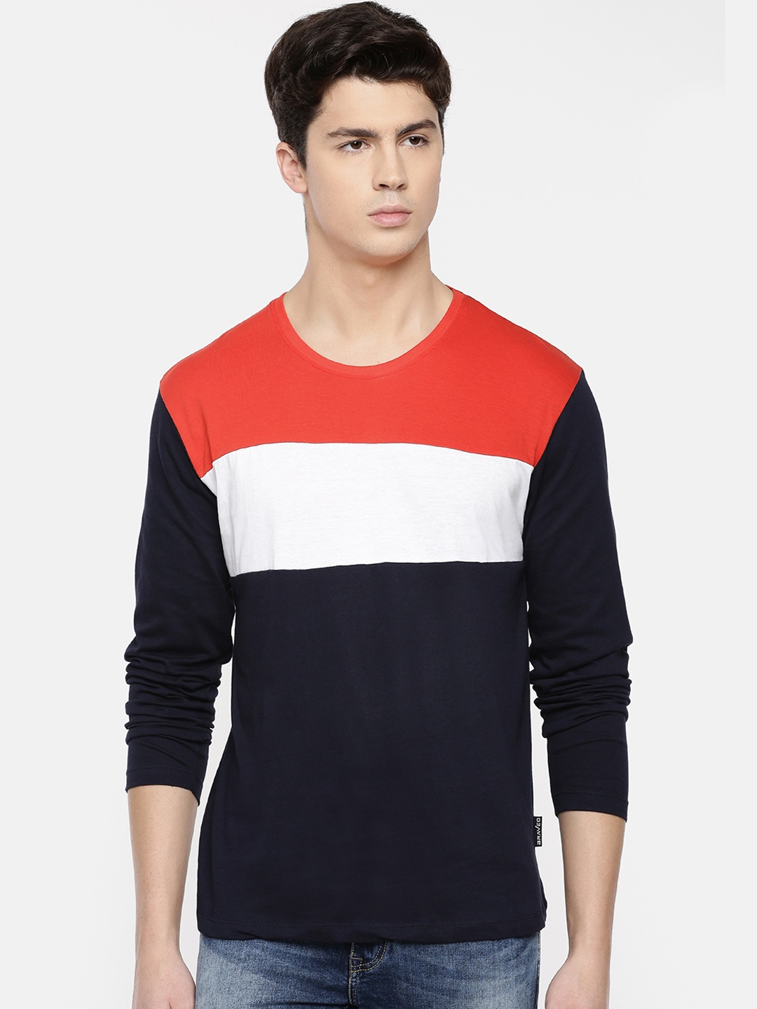 

Braveo Men Red White Colourblocked Round Neck Pure Cotton T-shirt