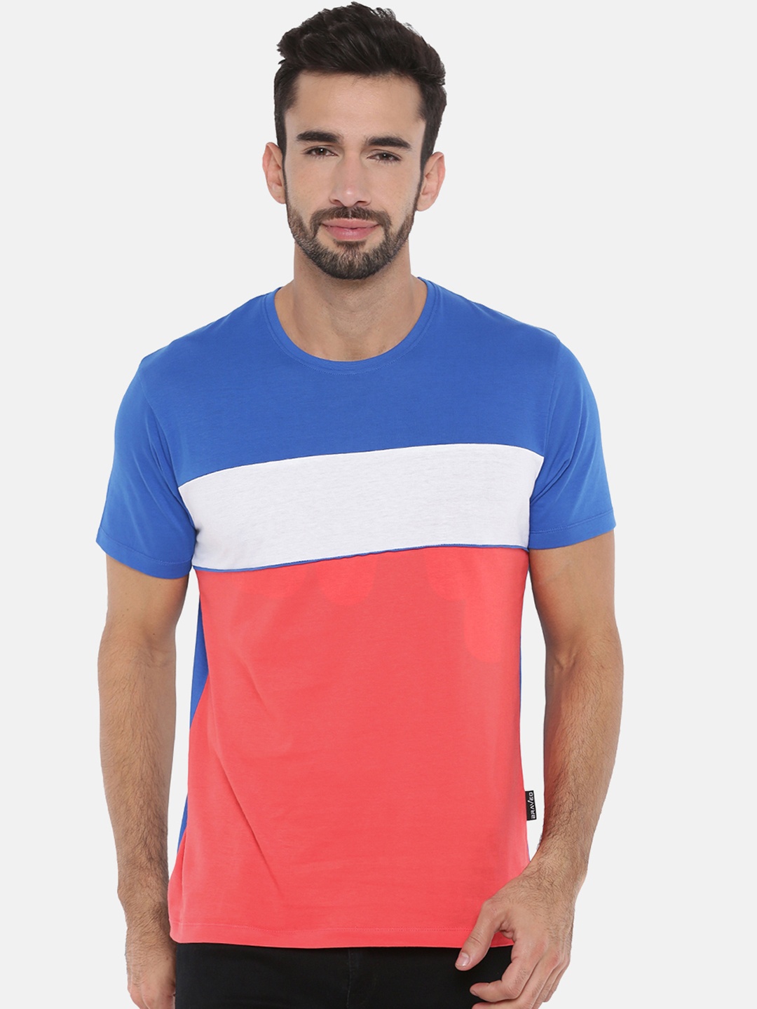 

Braveo Men Blue White Colourblocked Round Neck Pure Cotton T-shirt