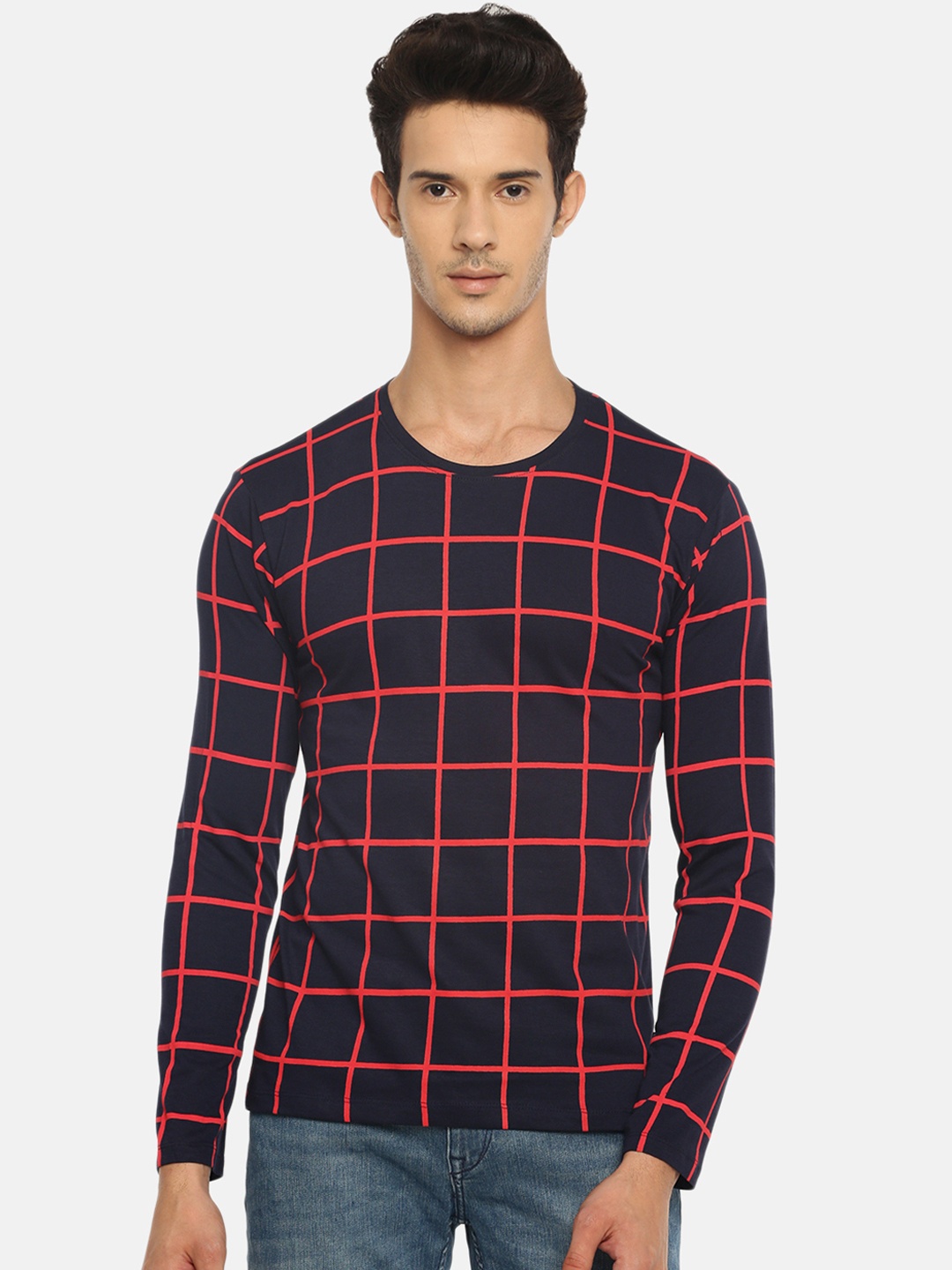 

Braveo Men Navy Blue Red Windowpane Checked Round Neck Pure Cotton T-shirt