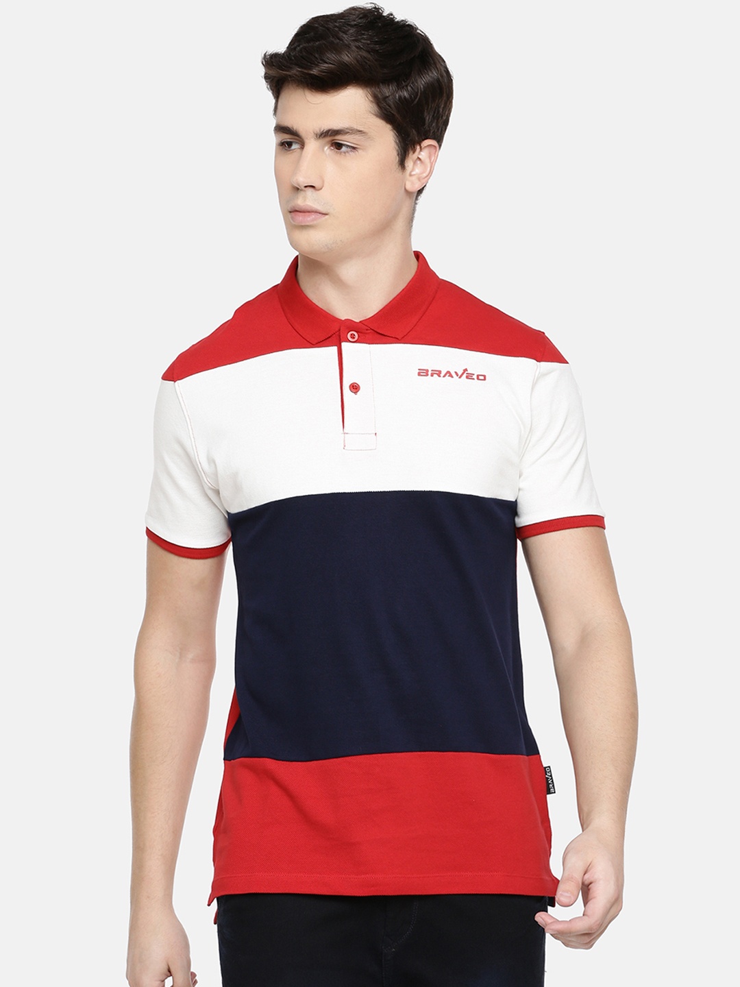

Braveo Men Red White Colourblocked Polo Collar Pure Cotton T-shirt