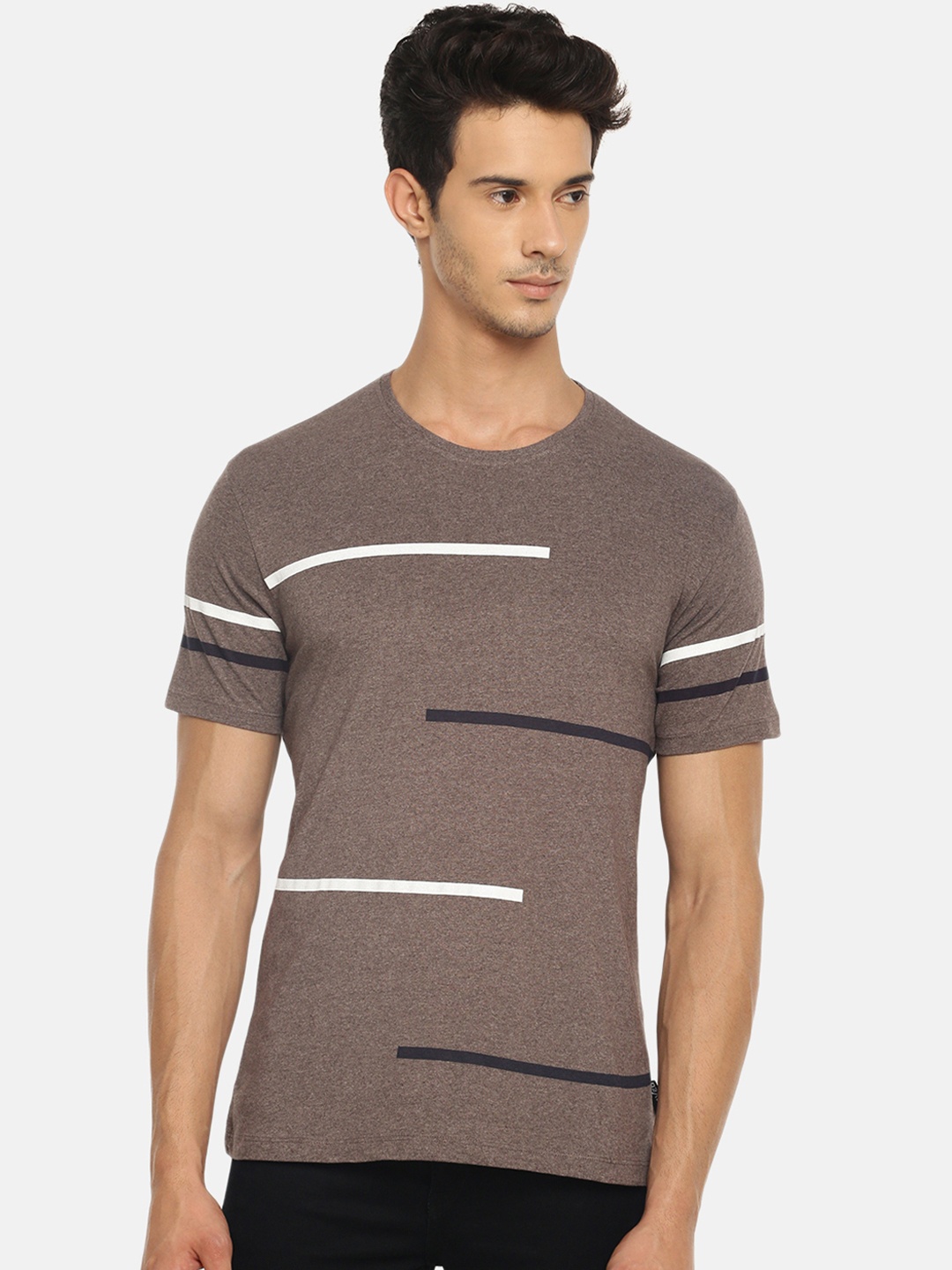 

Braveo Men Taupe Striped Round Neck Pure Cotton T-shirt