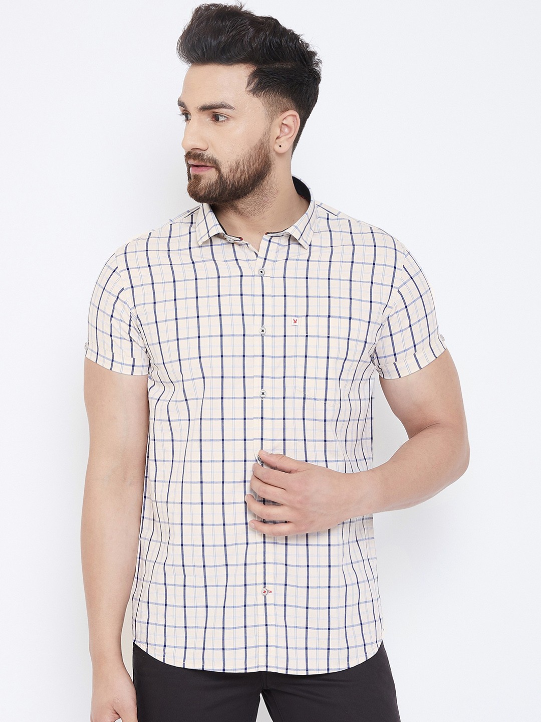 

Canary London Men Beige & Blue Smart Slim Fit Checked Casual Shirt