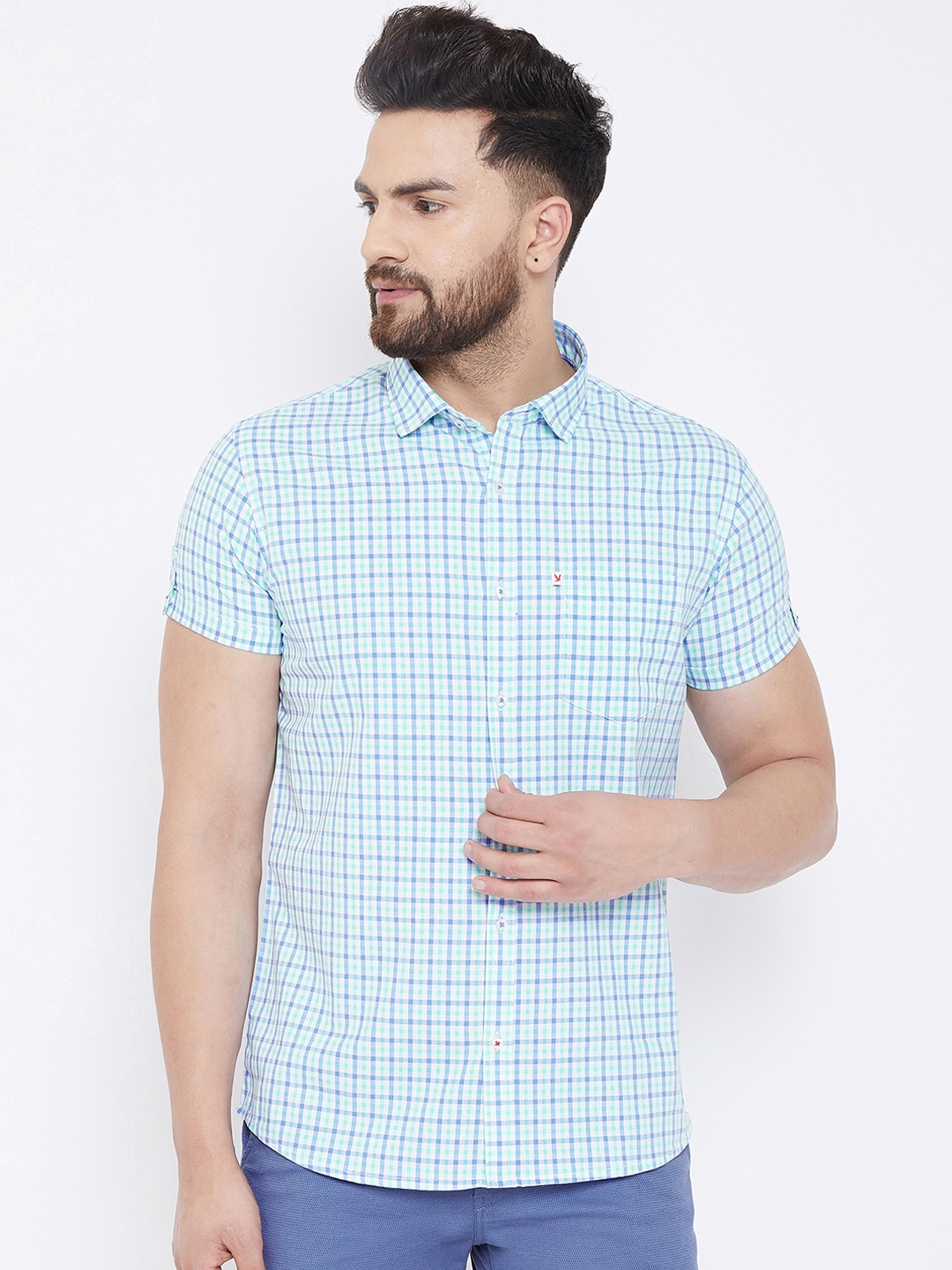 

Canary London Men Blue & Green Smart Slim Fit Checked Casual Shirt