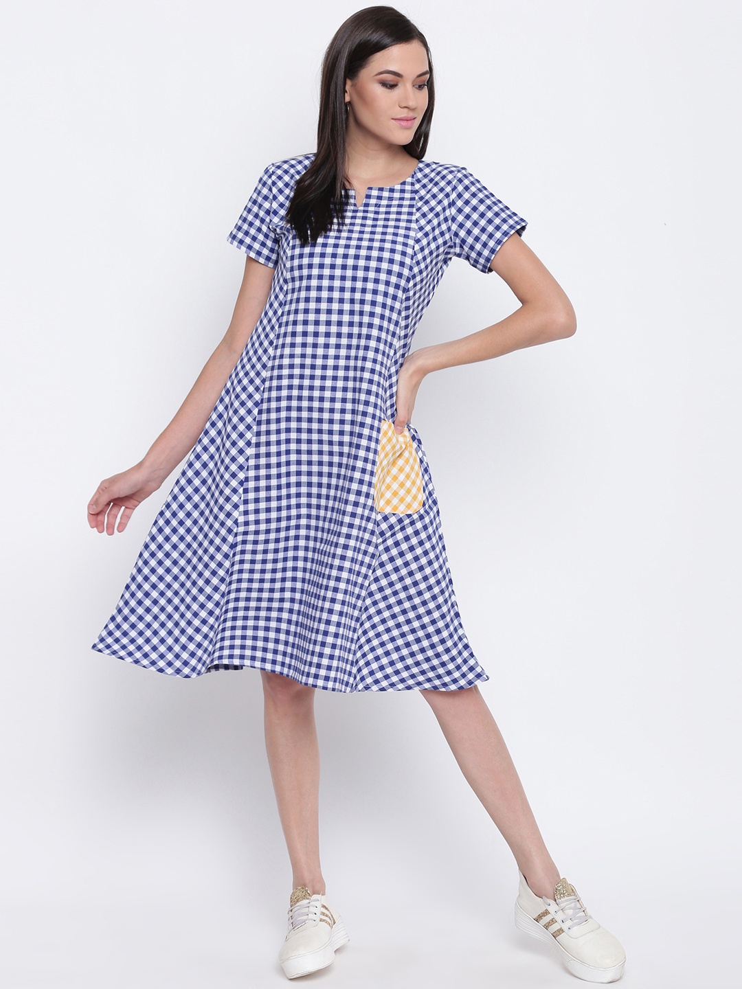 

FABNEST Women Blue & White Checked A-Line Dress