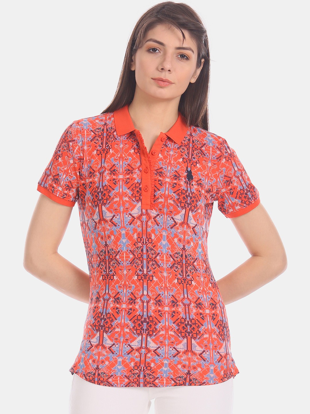 

U.S. Polo Assn. Women Red & Blue Printed Polo Collar T-shirt