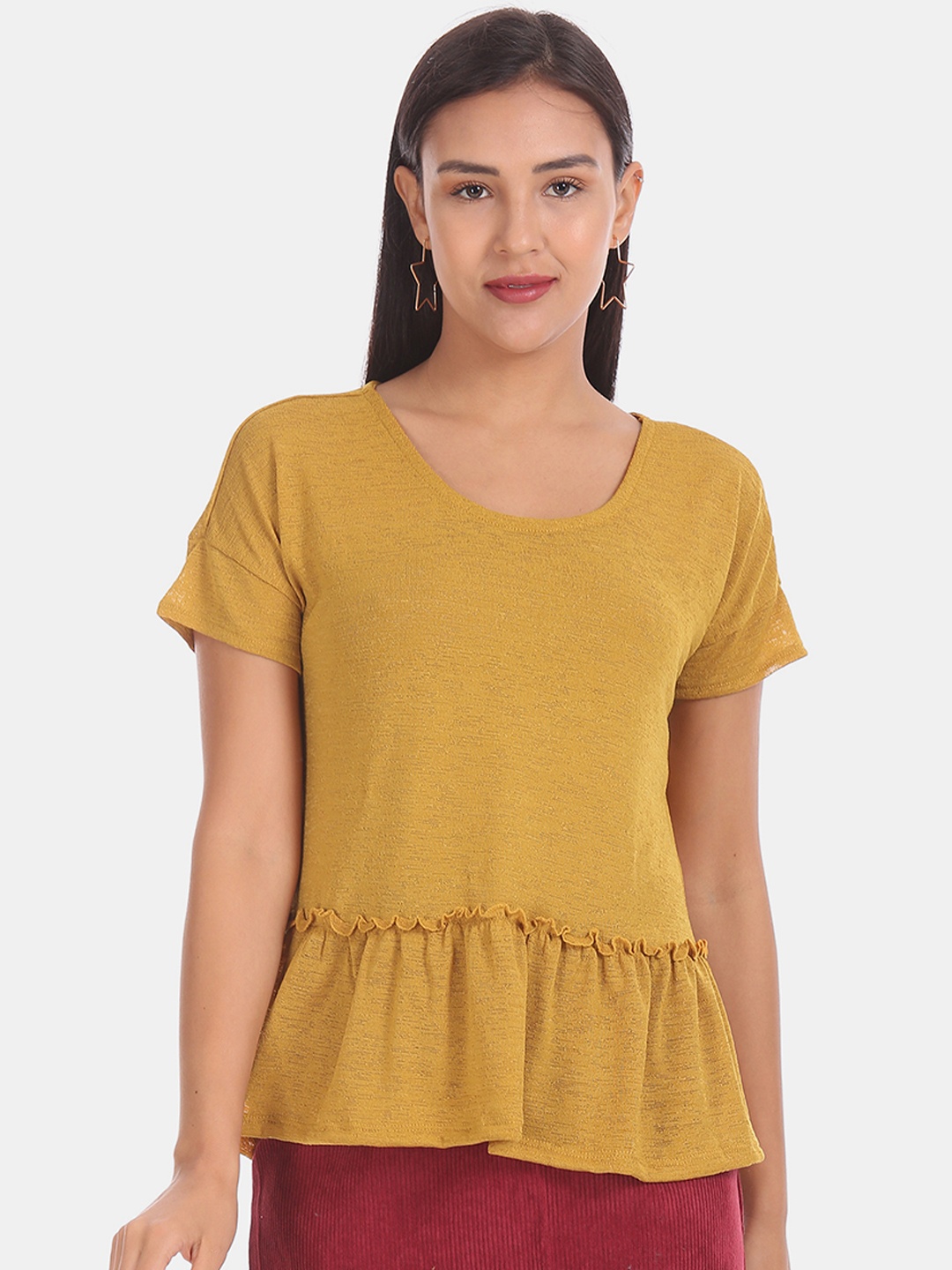 

Cherokee Women Mustard Yellow Solid Peplum Top