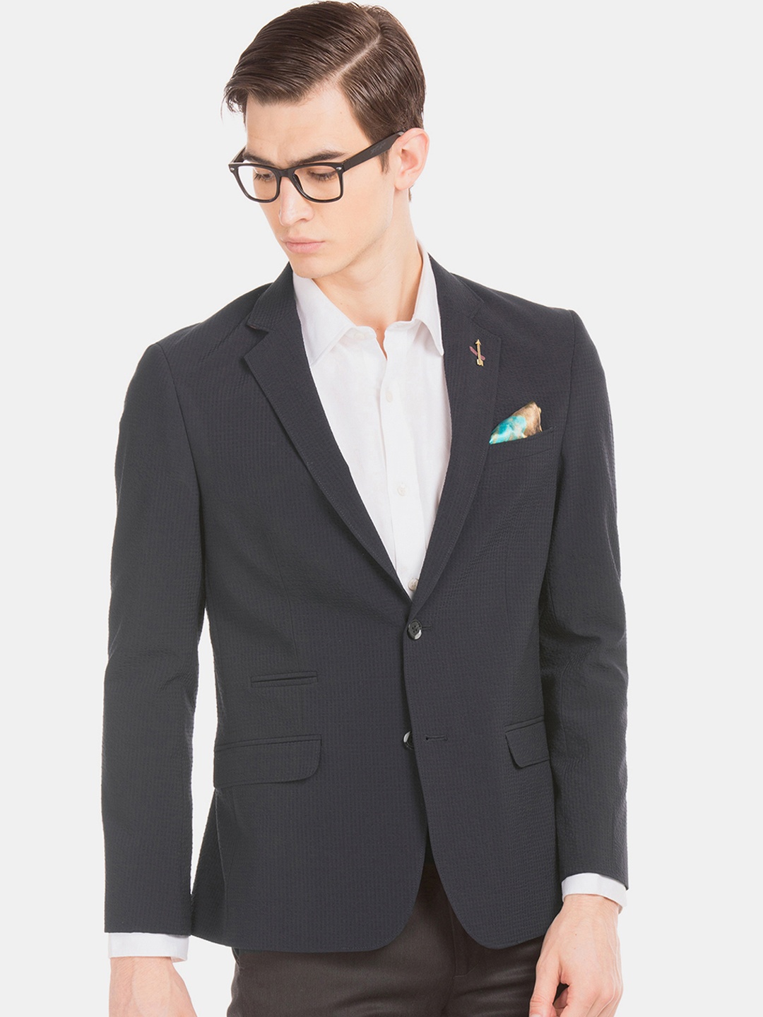 

Arrow Men Navy Blue Solid Wrinkle Free Seersucker Single-Breasted Formal Blazer