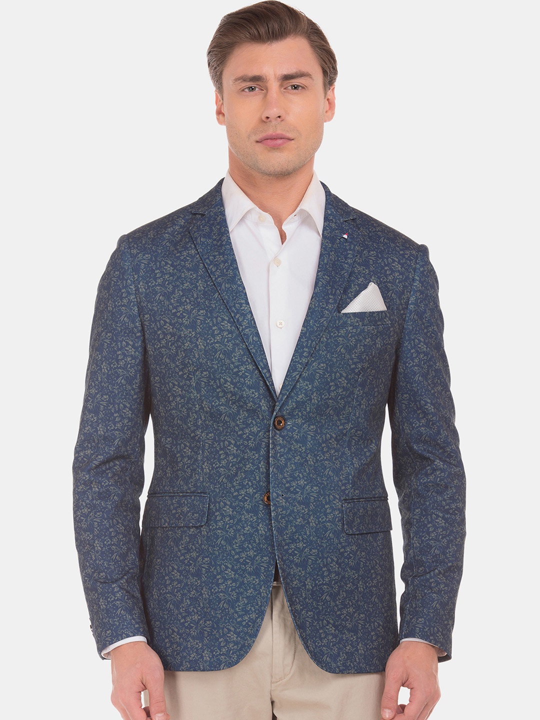 

Arrow Sport Men Teal Blue & Beige Printed Slim Fit Single-Breasted Blazer