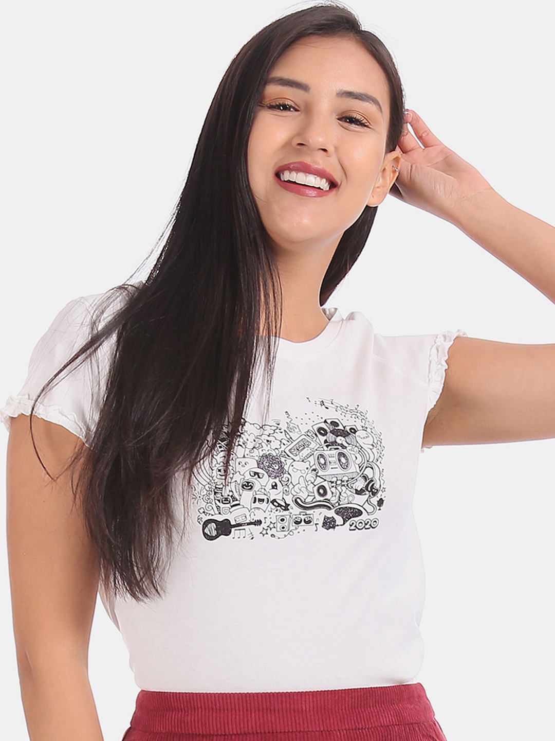 

Sugr Women White Printed Pure Cotton Top
