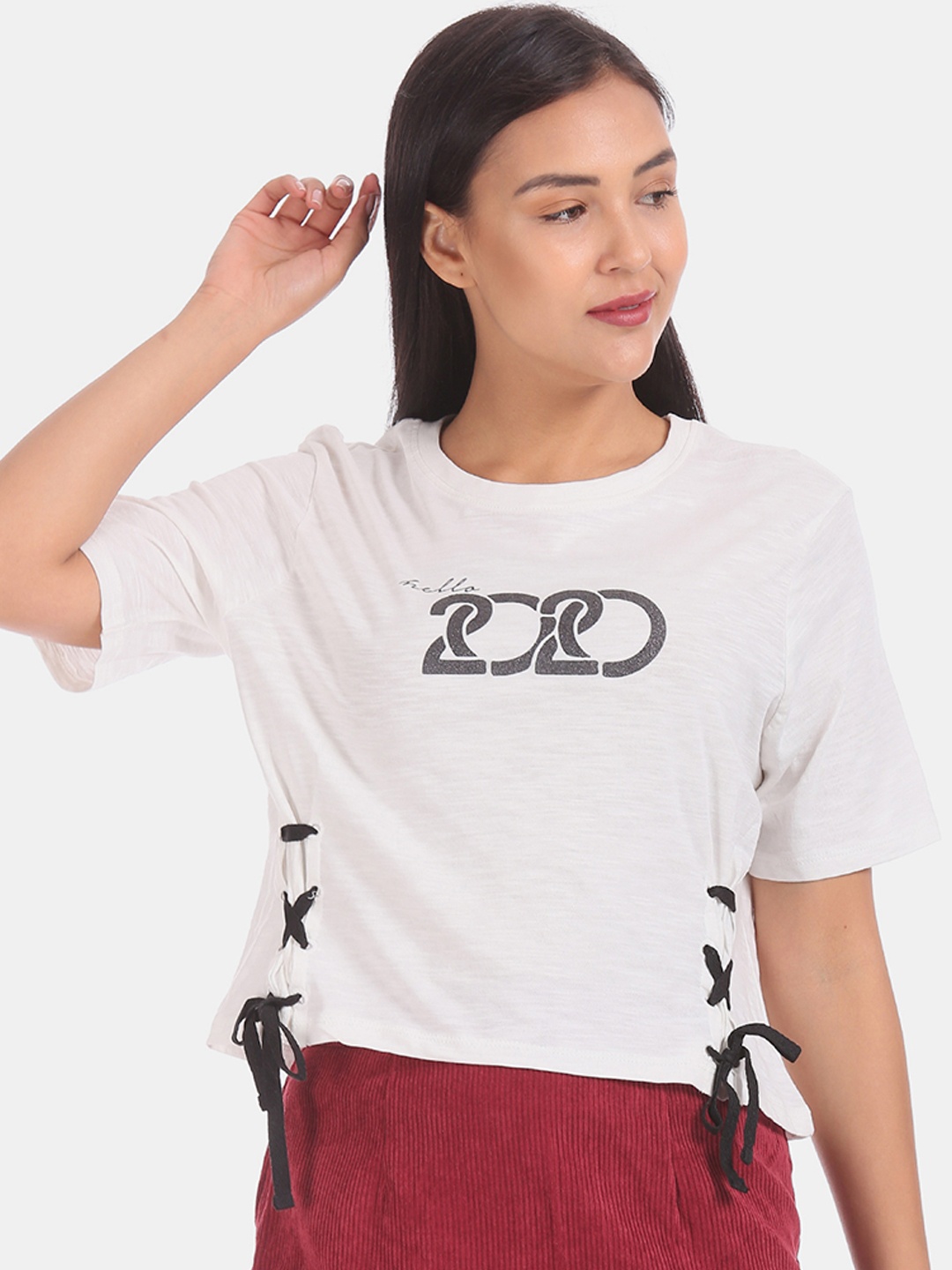 

Sugr Women White Printed Pure Cotton Top