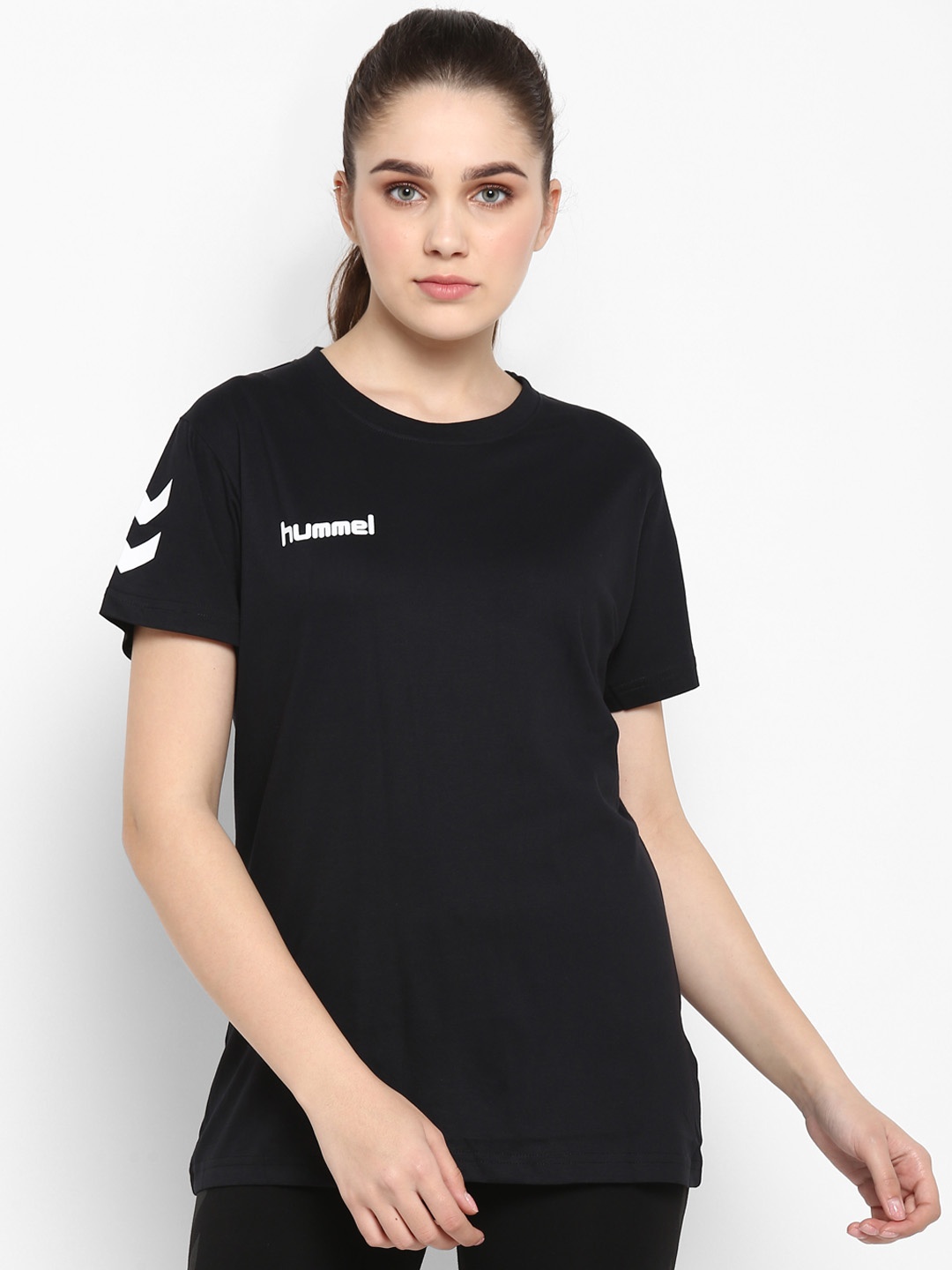 

hummel Women Black Striped Round Neck T-shirt