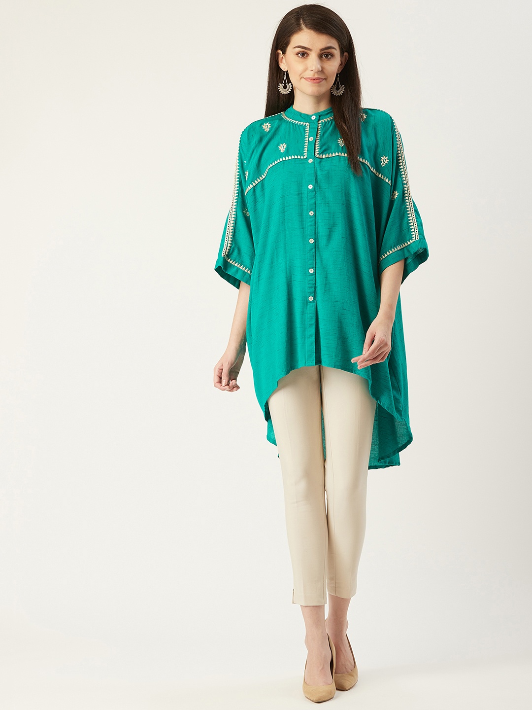 

PINKSKY Women Green Solid High-Low Longline Shirt Style Top