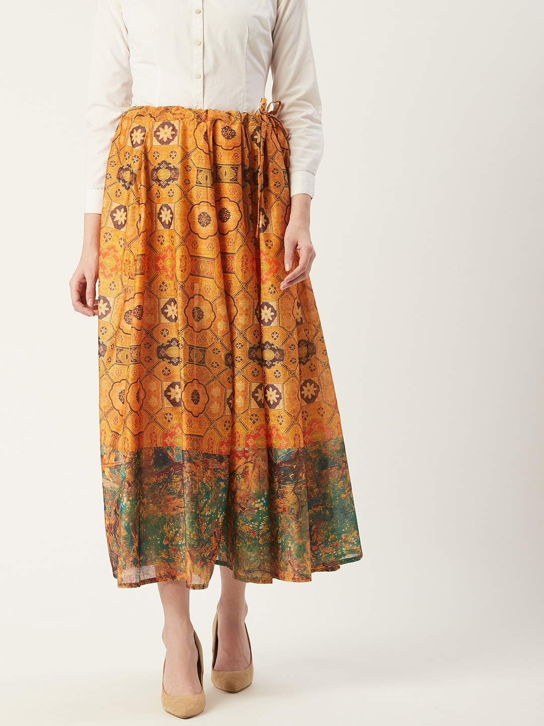 

PINKSKY Women Mustard Yellow & Green Printed Maxi Flared Skirt