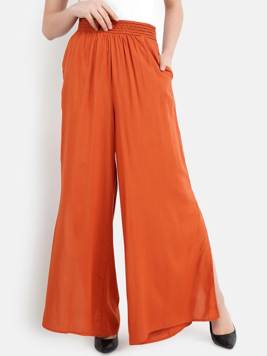 

Aditi Wasan Women Orange Solid High Rise Wide Leg Palazzos