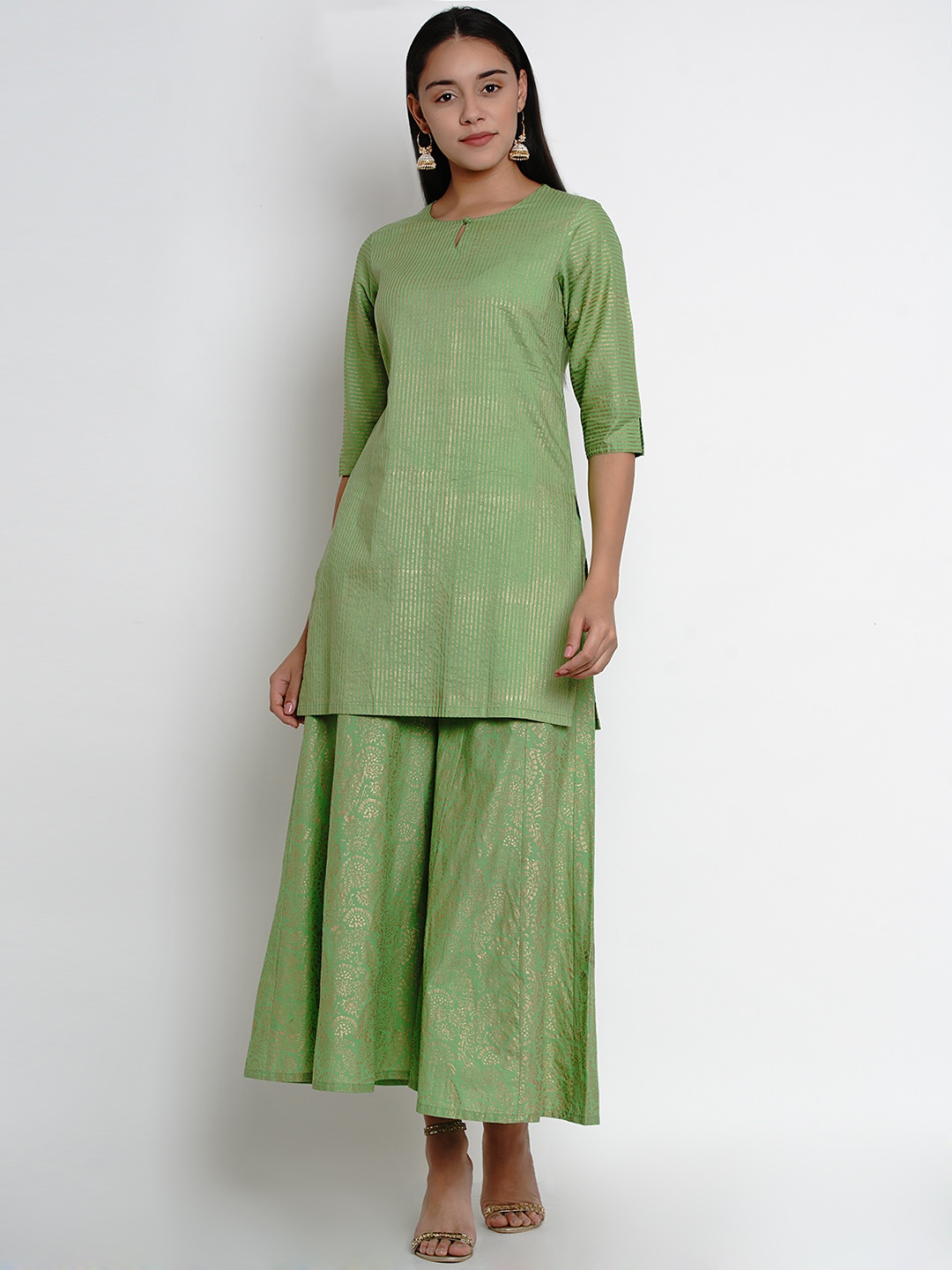 

Bhama Couture Women Green & Gold Striped Kurti with Palazzos