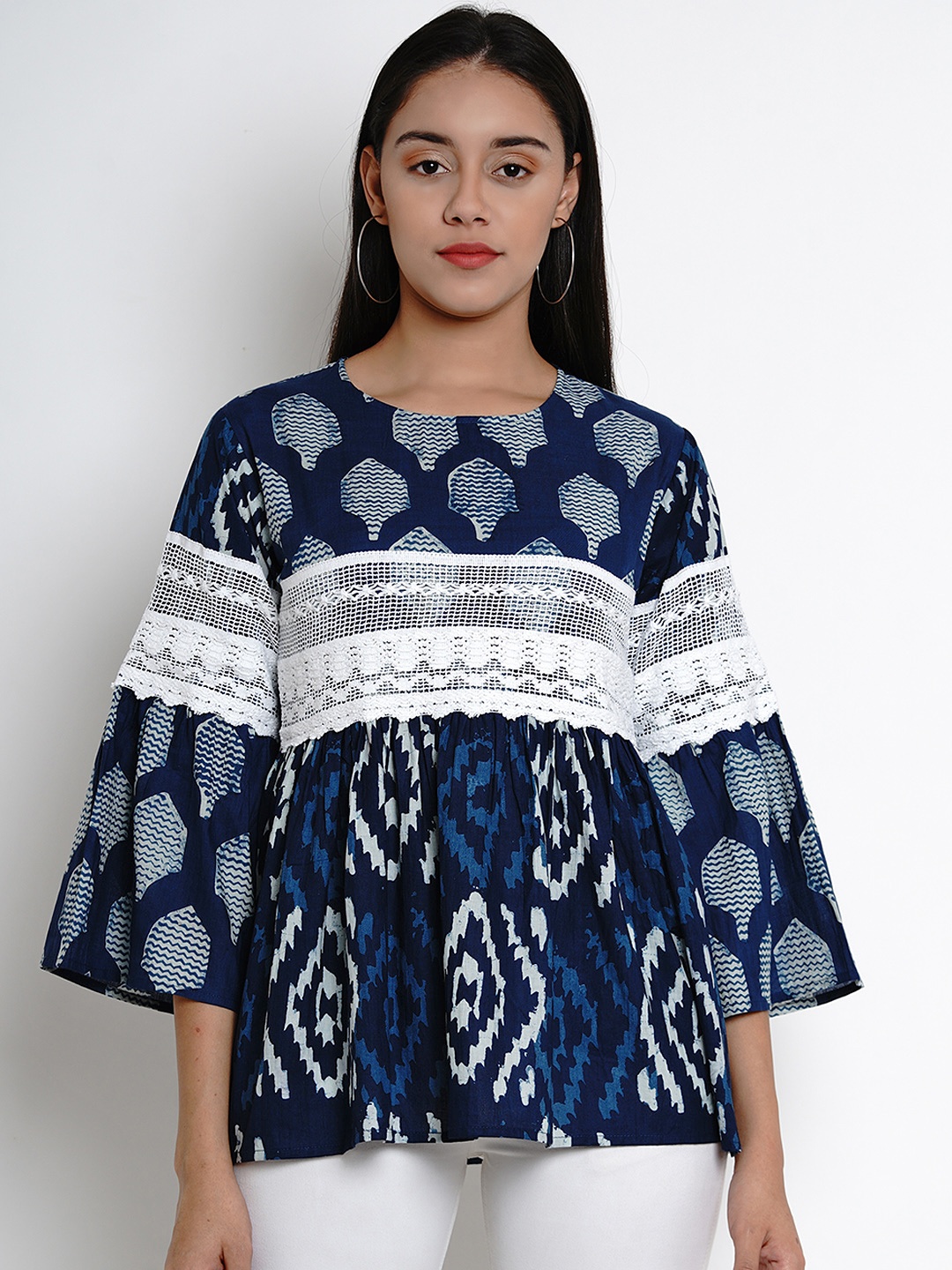 

Bhama Couture Women Blue & Off-White Printed Peplum Top