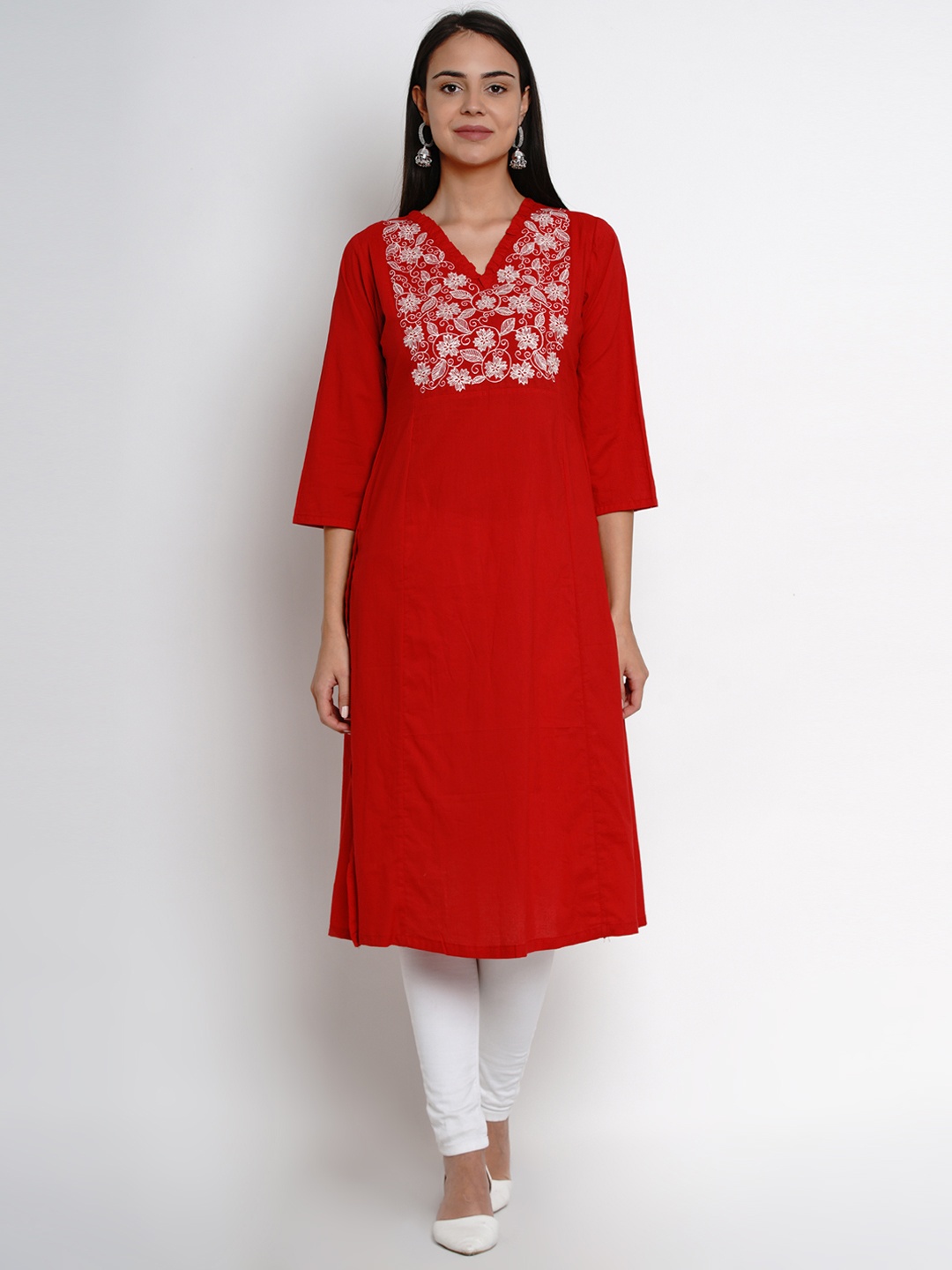 

Bhama Couture Women Red & White Yoke Design Straight Kurta