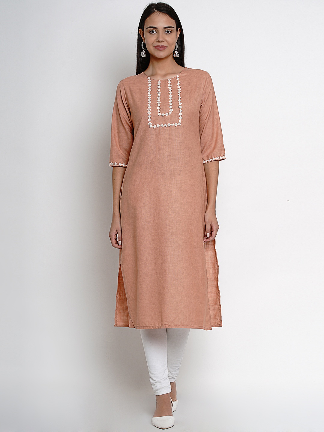 

Bhama Couture Women Peach-Coloured Yoke Design Straight Kurta