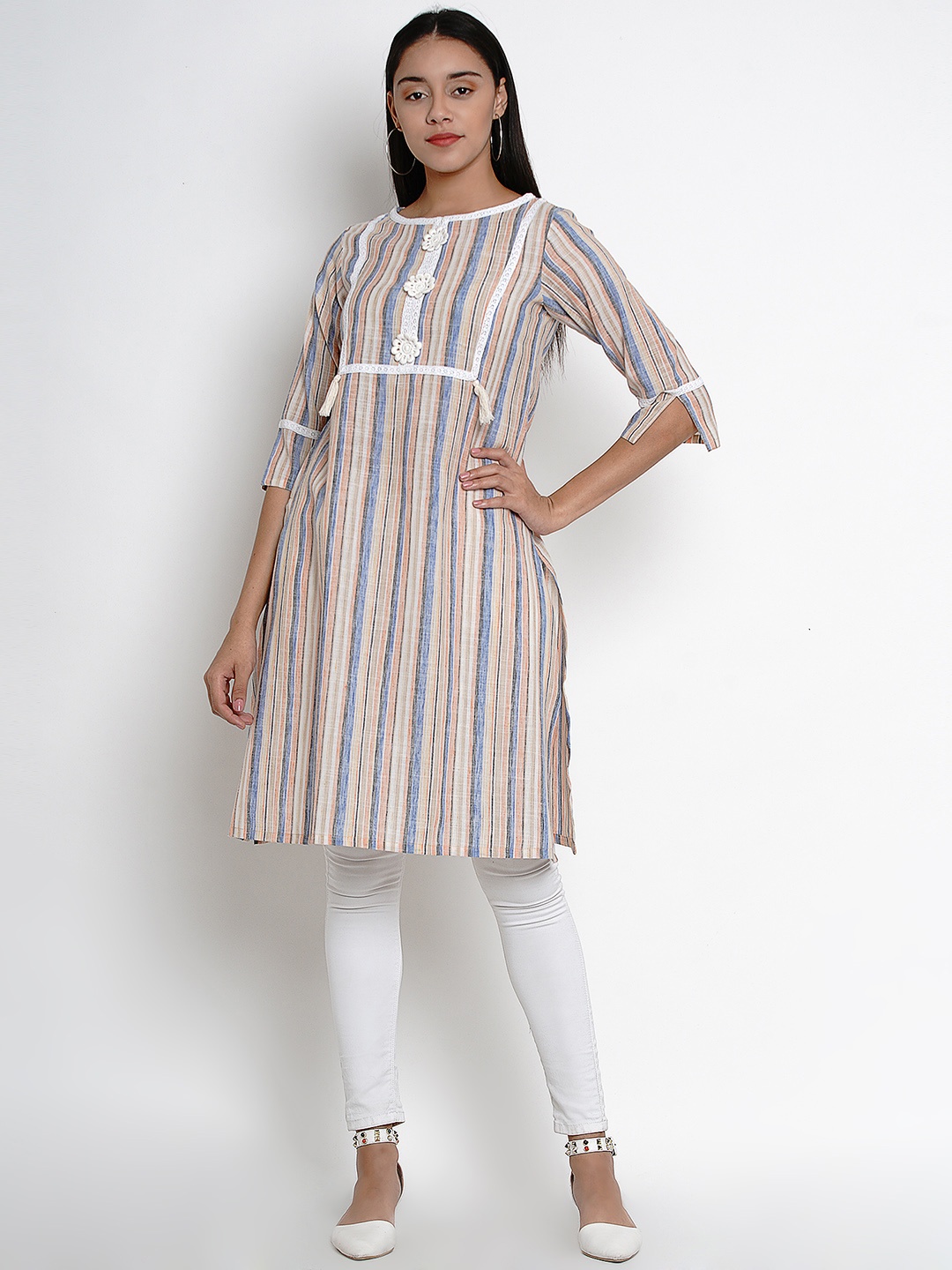 

Bhama Couture Women Beige & Blue Striped Straight Kurta