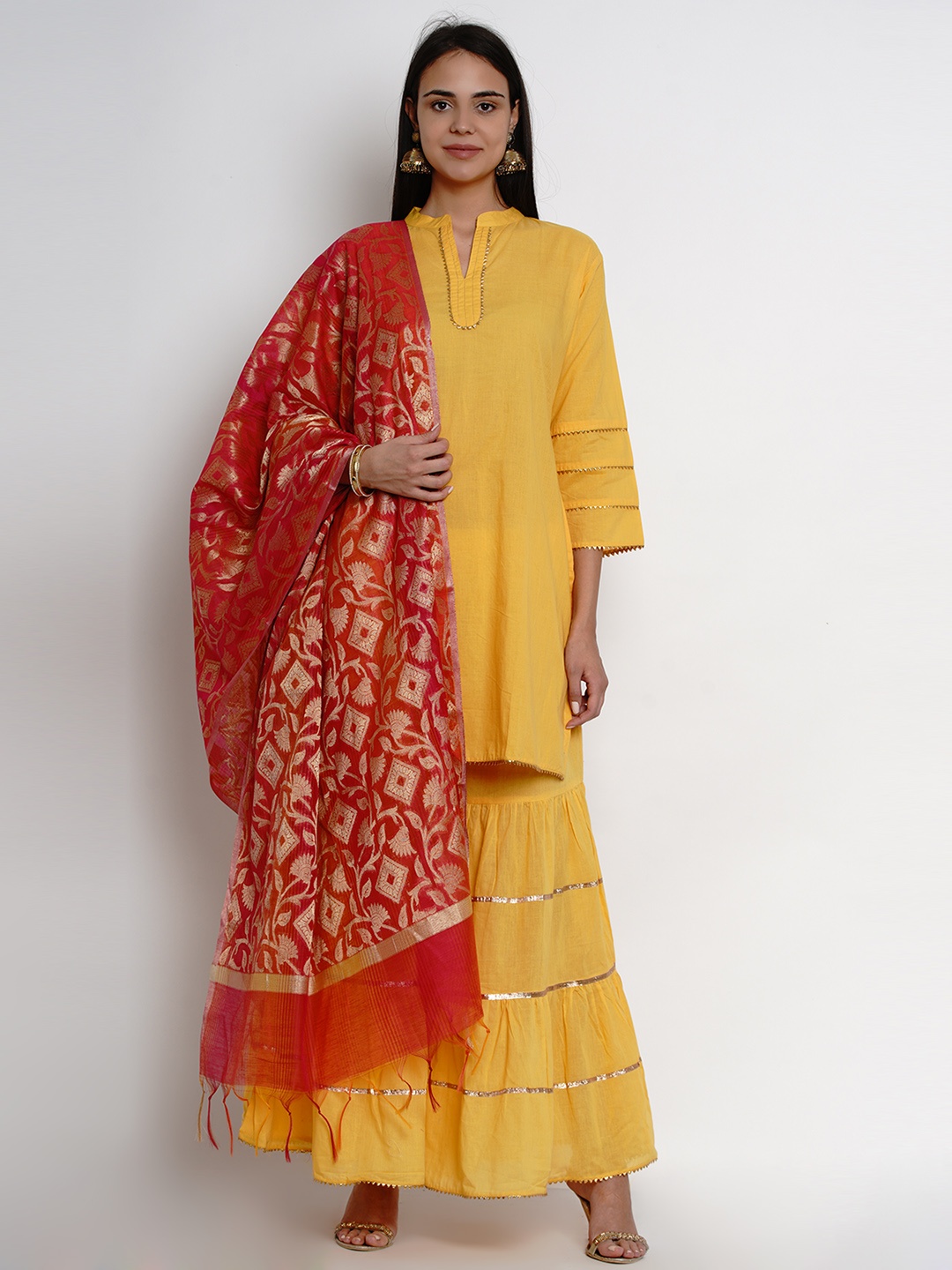 

Bhama Couture Women Yellow & Pink Solid Kurta with Sharara & Dupatta